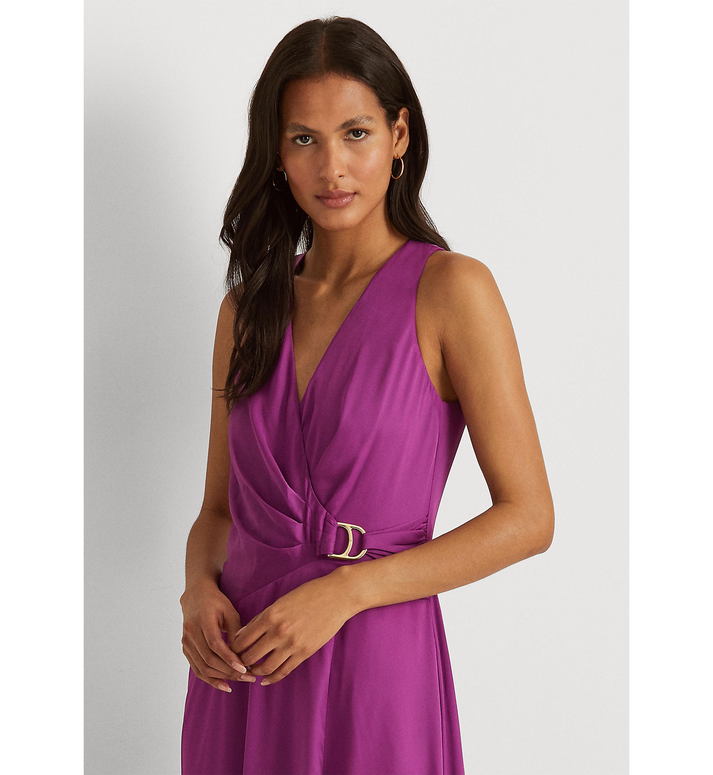 Buckle-Trim Satin Halter Gown