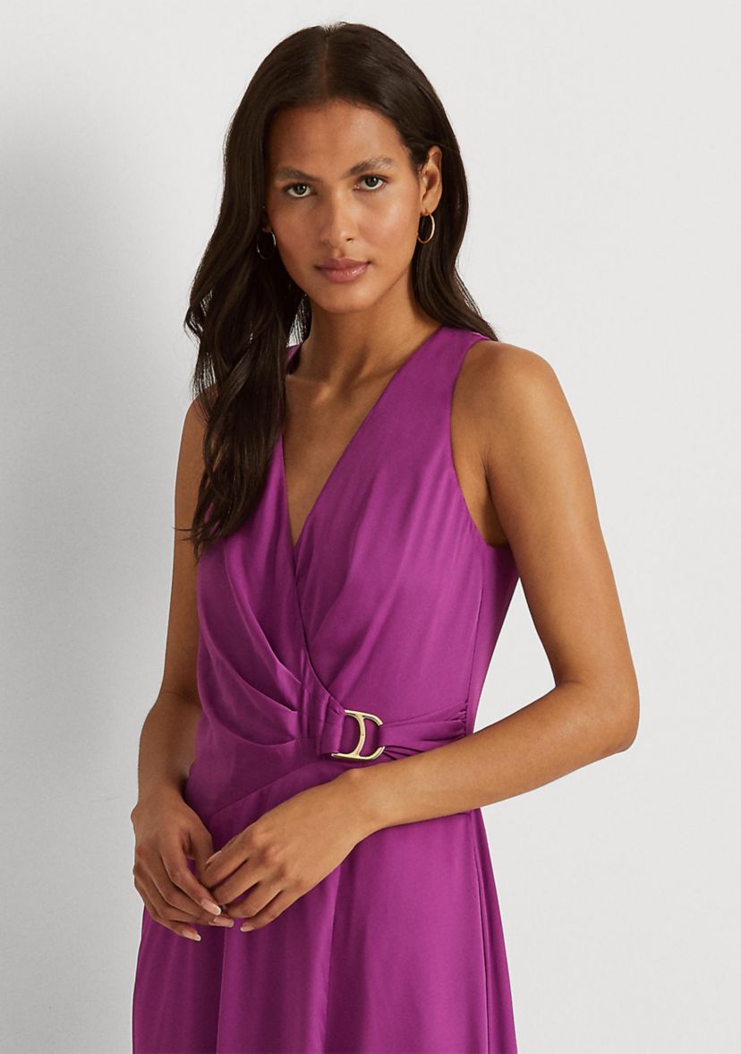 Buckle-Trim Satin Halter Gown