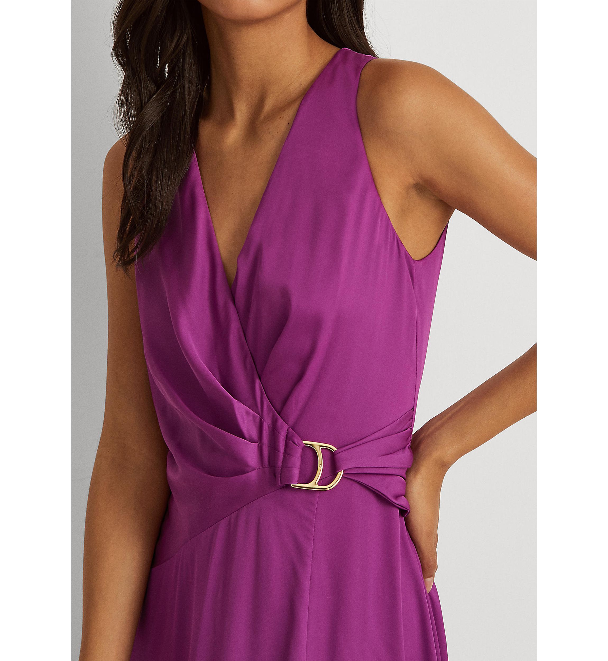 Buckle-Trim Satin Halter Gown