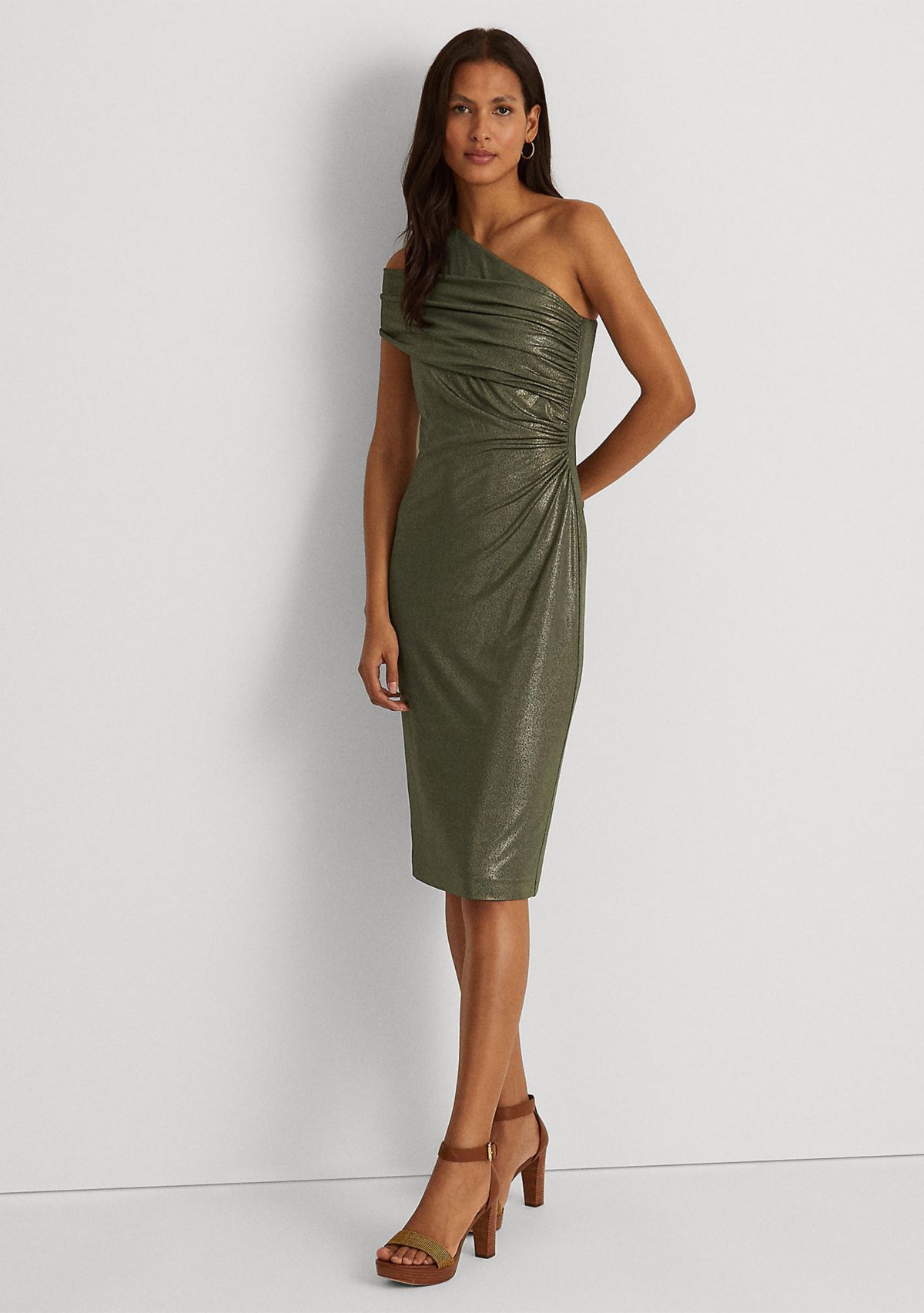 Foil Print Jersey One Shoulder Cocktail Dress