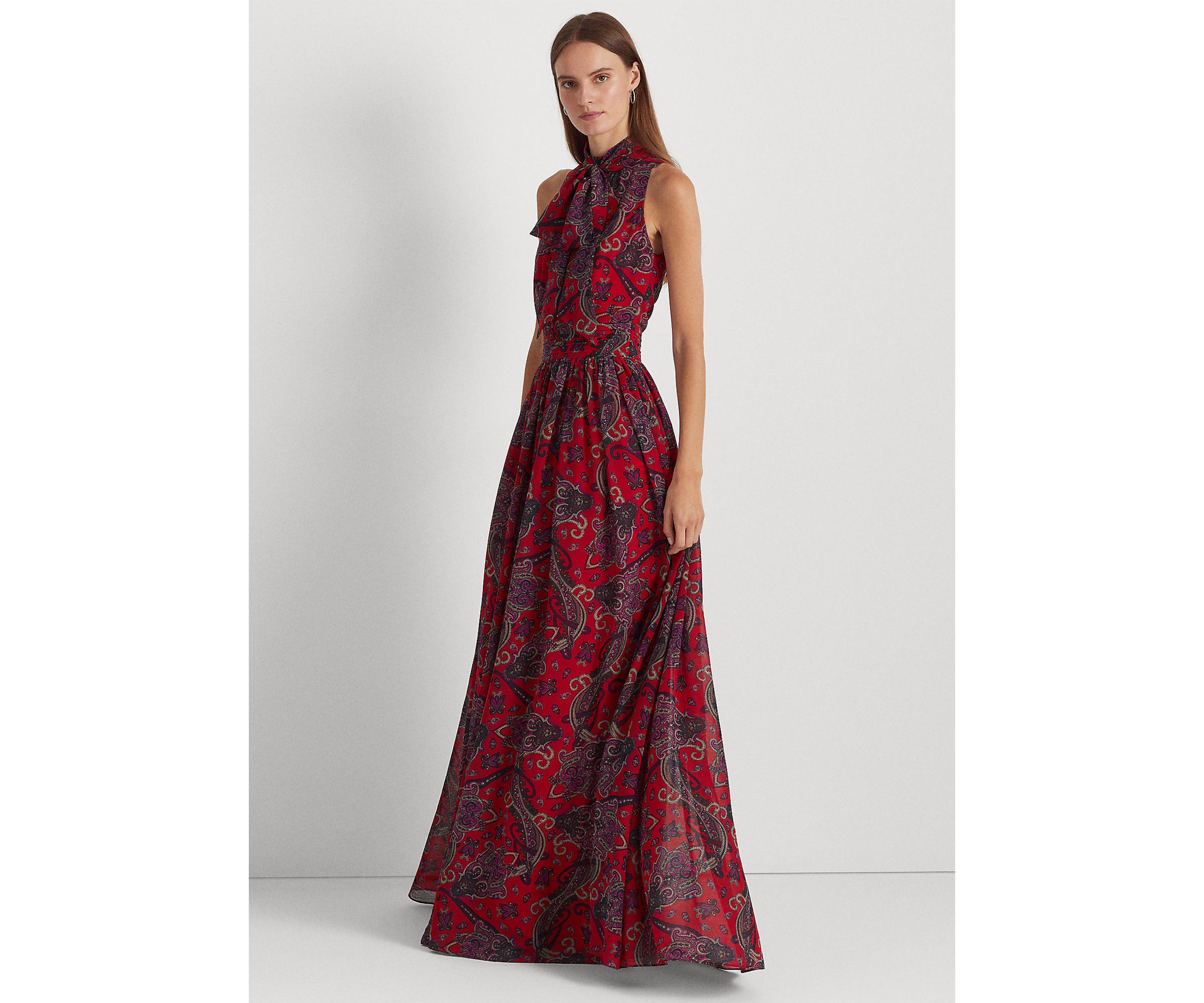 Paisley Tie-Neck Georgette Gown