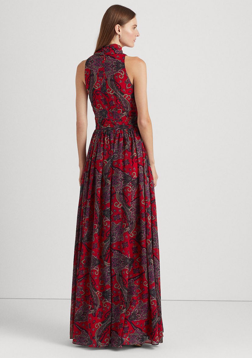 Paisley Tie-Neck Georgette Gown