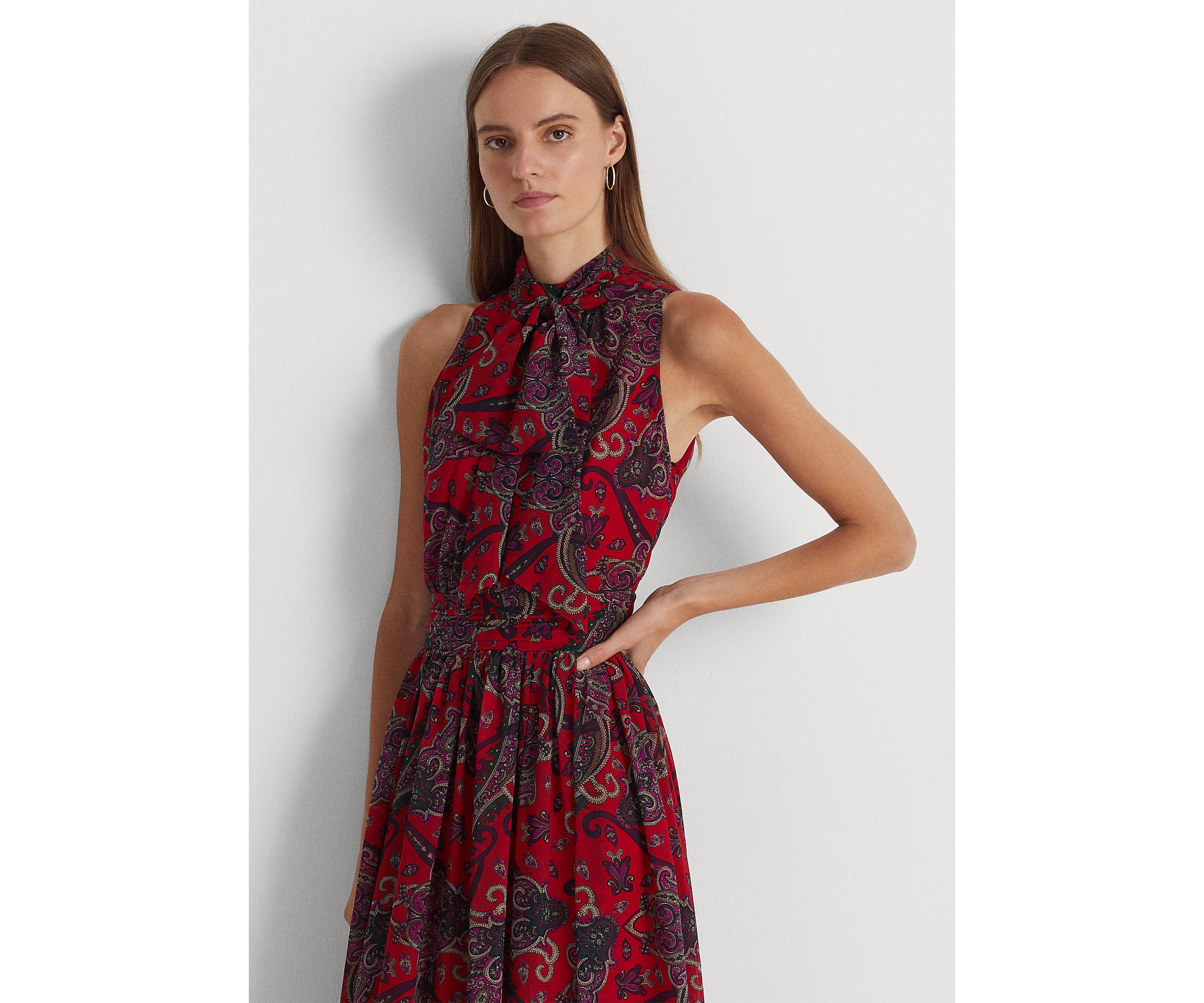 Paisley Tie-Neck Georgette Gown