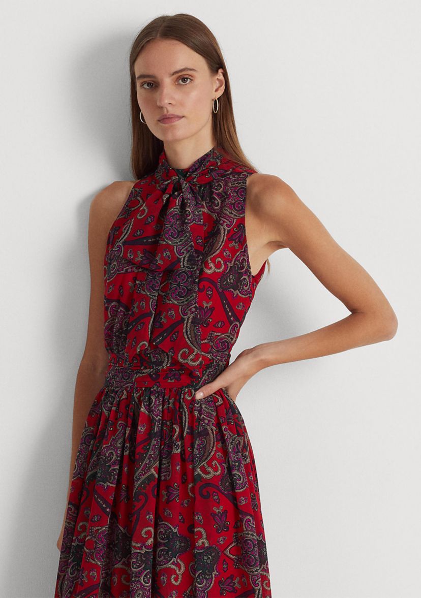 Paisley Tie-Neck Georgette Gown