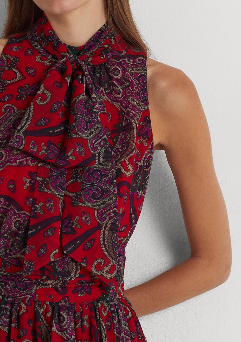 Paisley Tie-Neck Georgette Gown