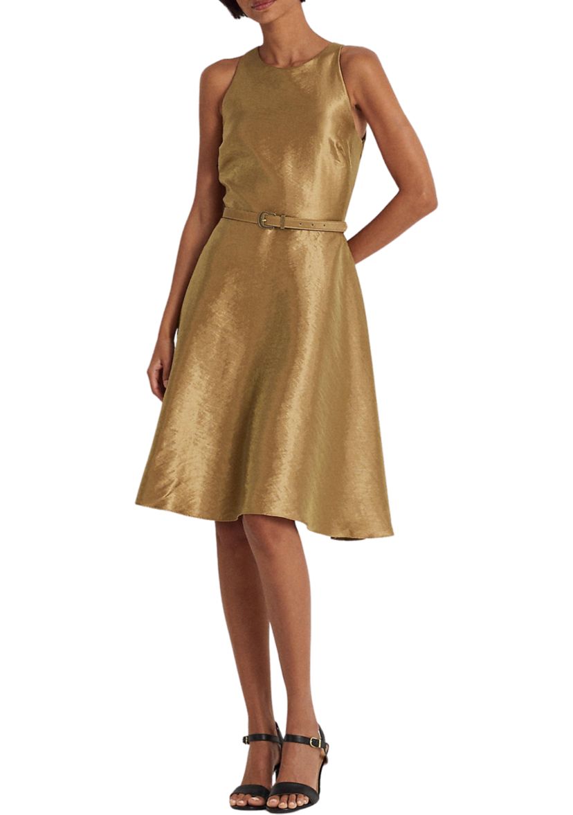 Metallic Twill Belted Cocktail Dress