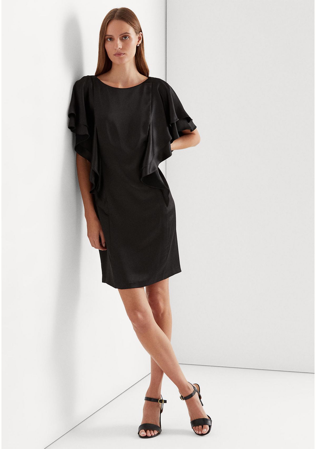 Ruffle Sleeve Liquid Satin Sheath Dress