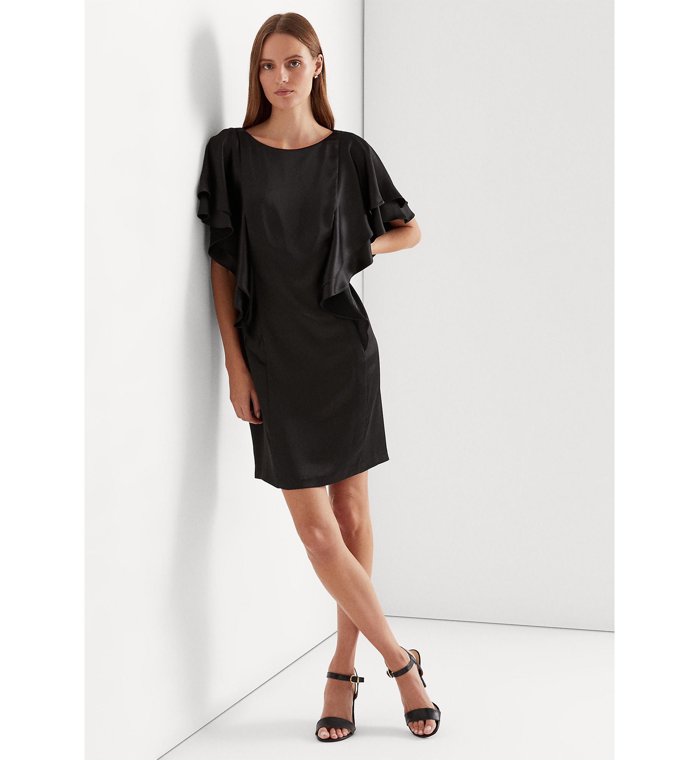 Ruffle Sleeve Liquid Satin Sheath Dress