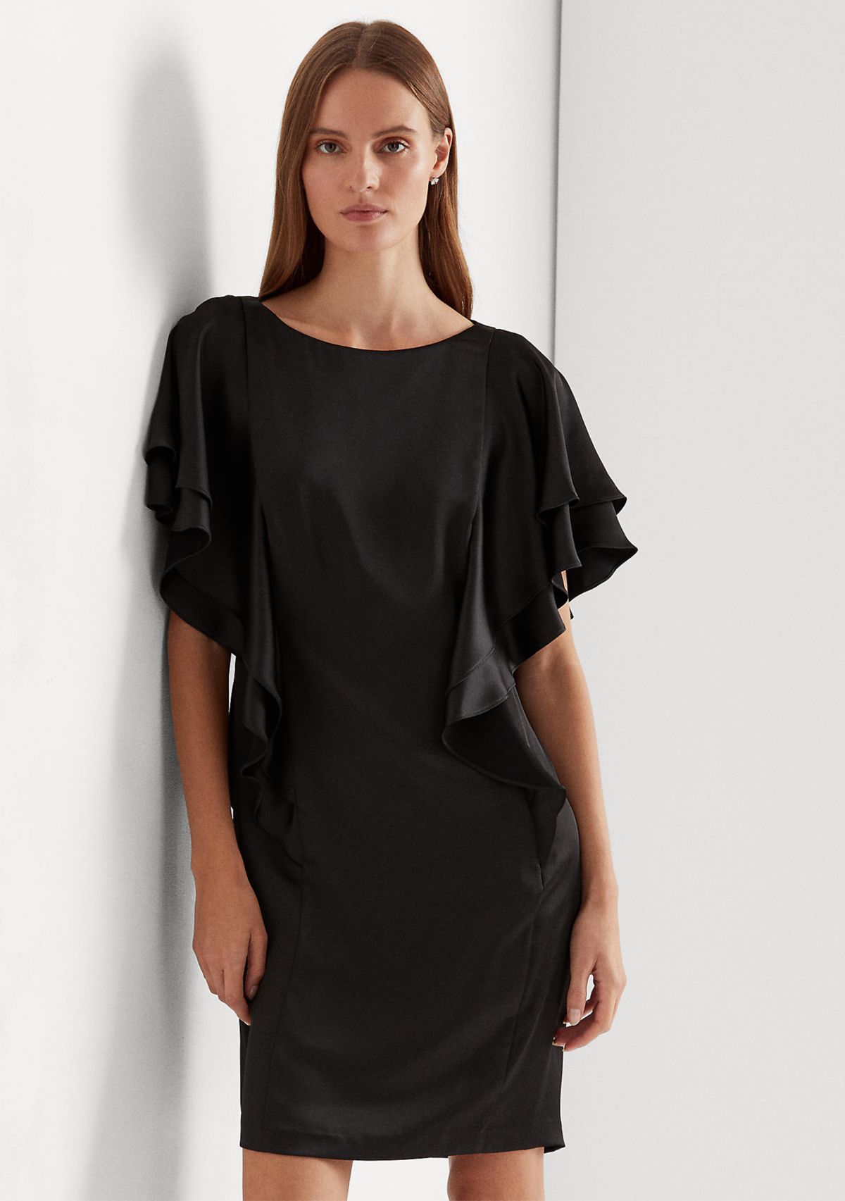 Ruffle Sleeve Liquid Satin Sheath Dress