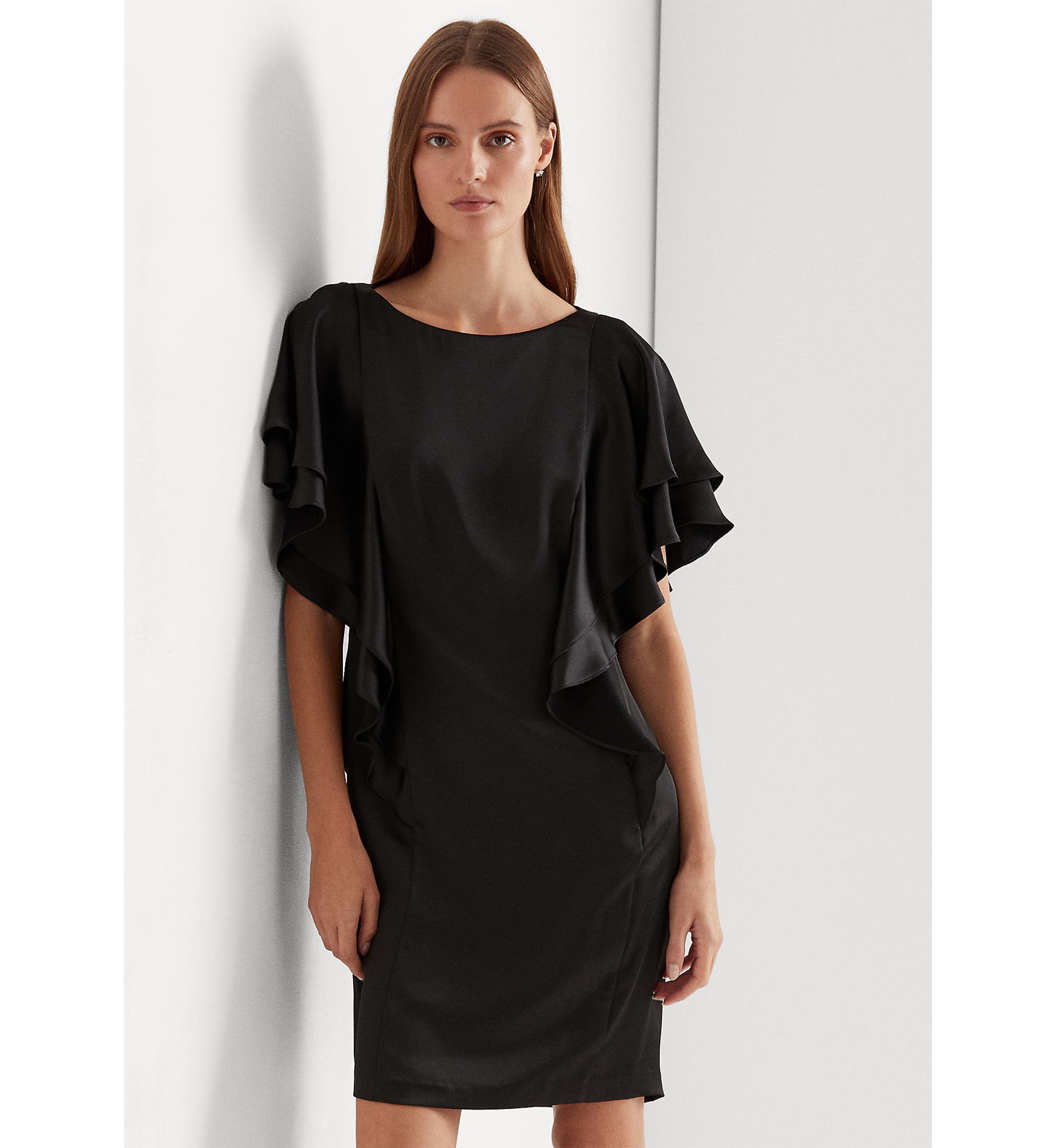 Ruffle Sleeve Liquid Satin Sheath Dress