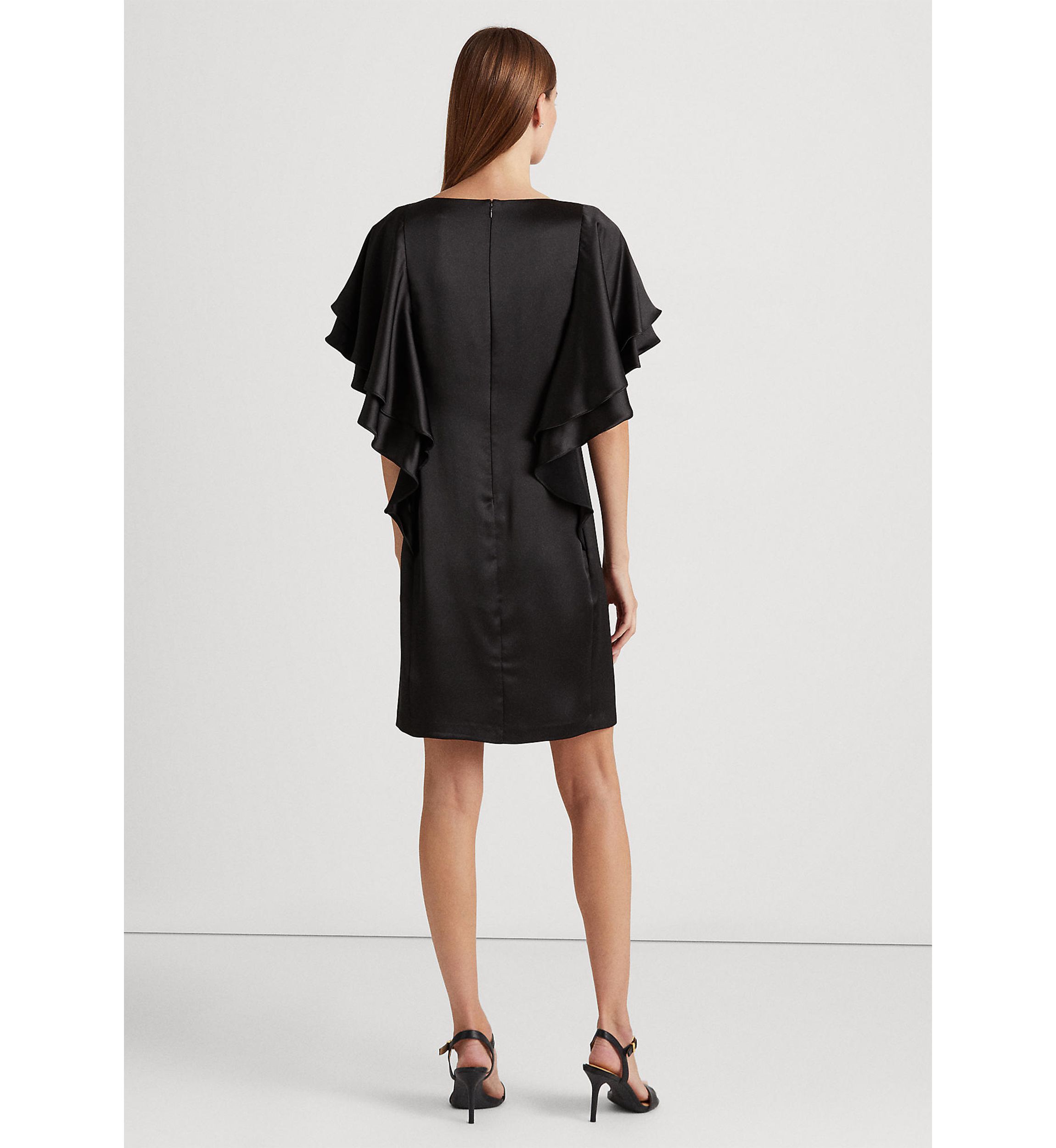 Ruffle Sleeve Liquid Satin Sheath Dress