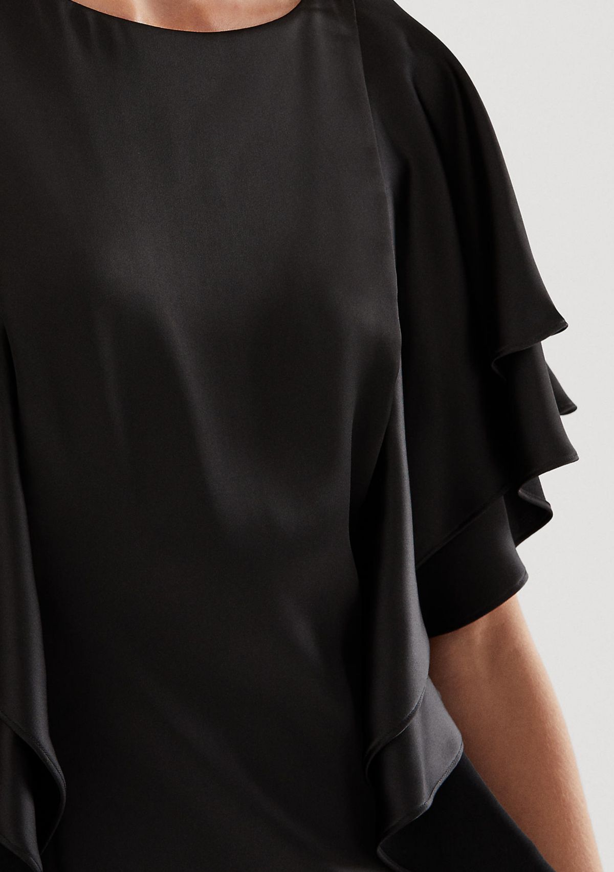 Ruffle Sleeve Liquid Satin Sheath Dress