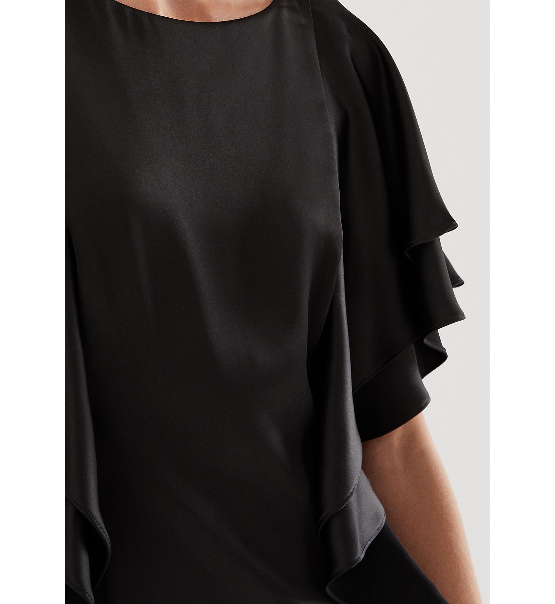 Ruffle Sleeve Liquid Satin Sheath Dress
