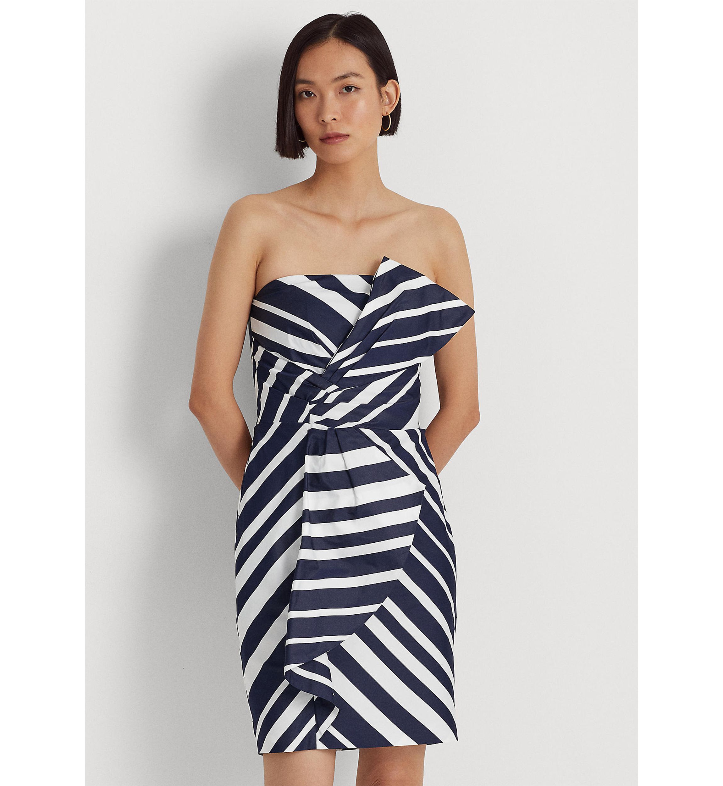 Womens Striped Taffeta Strapless Cocktail Dress