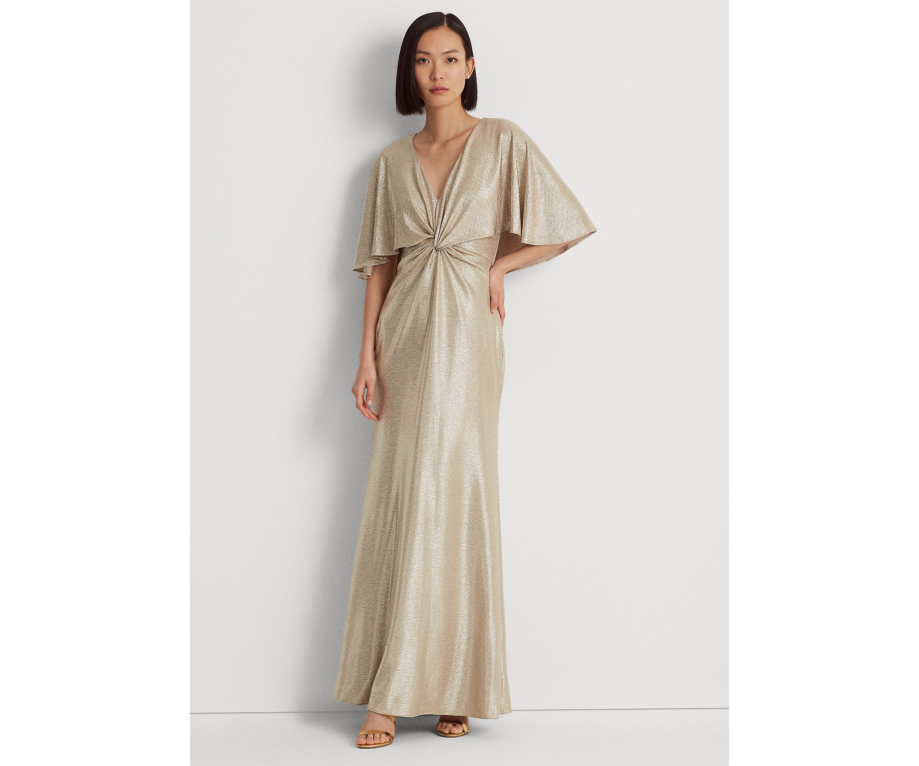 Foil-Print Jersey Cape Gown