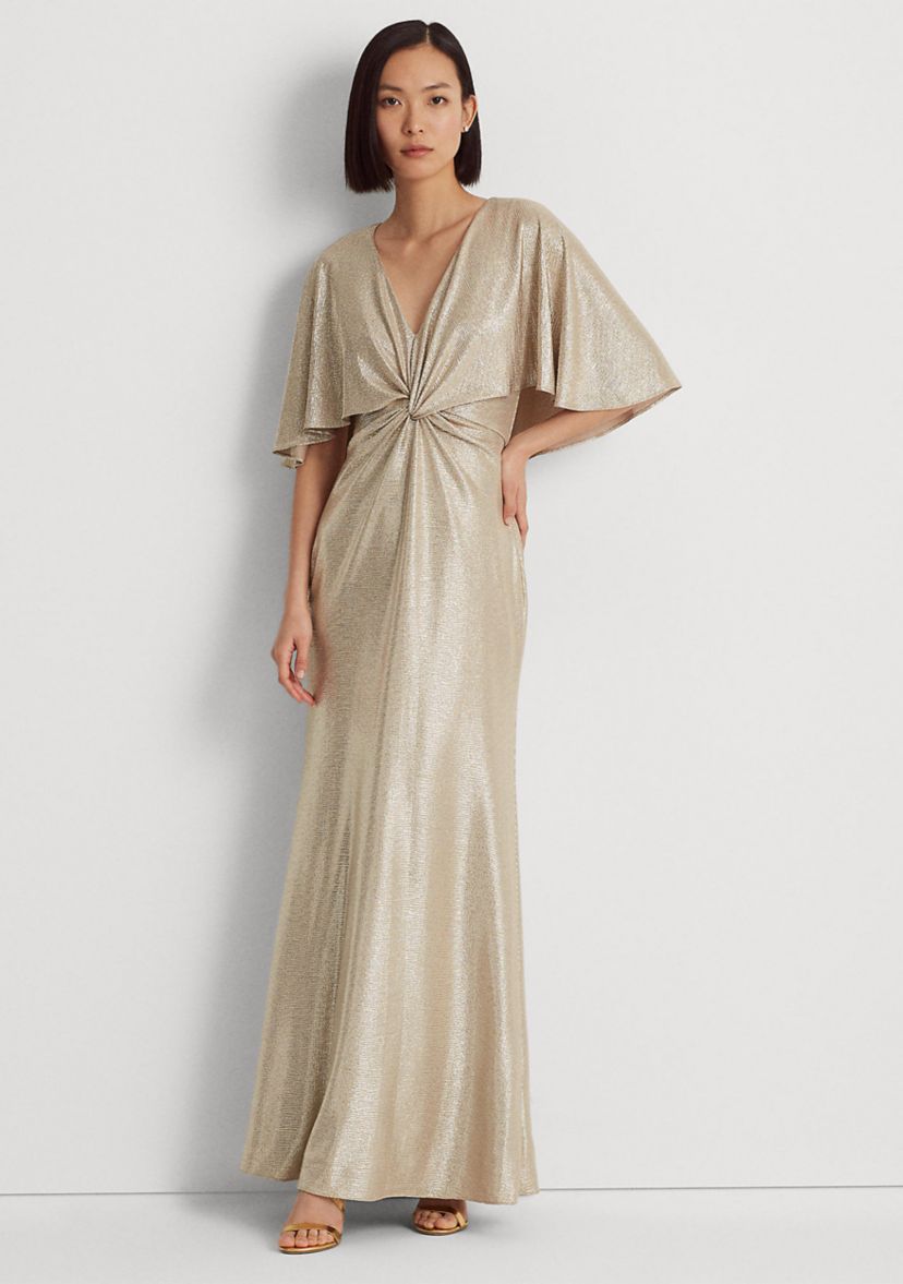 Foil-Print Jersey Cape Gown
