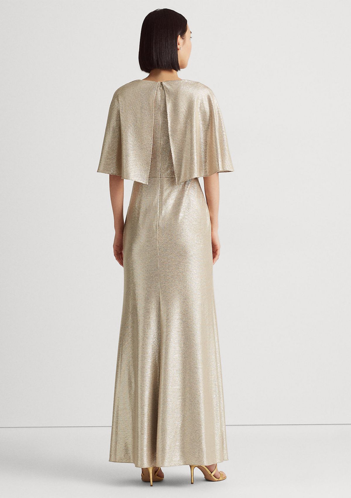 Foil-Print Jersey Cape Gown