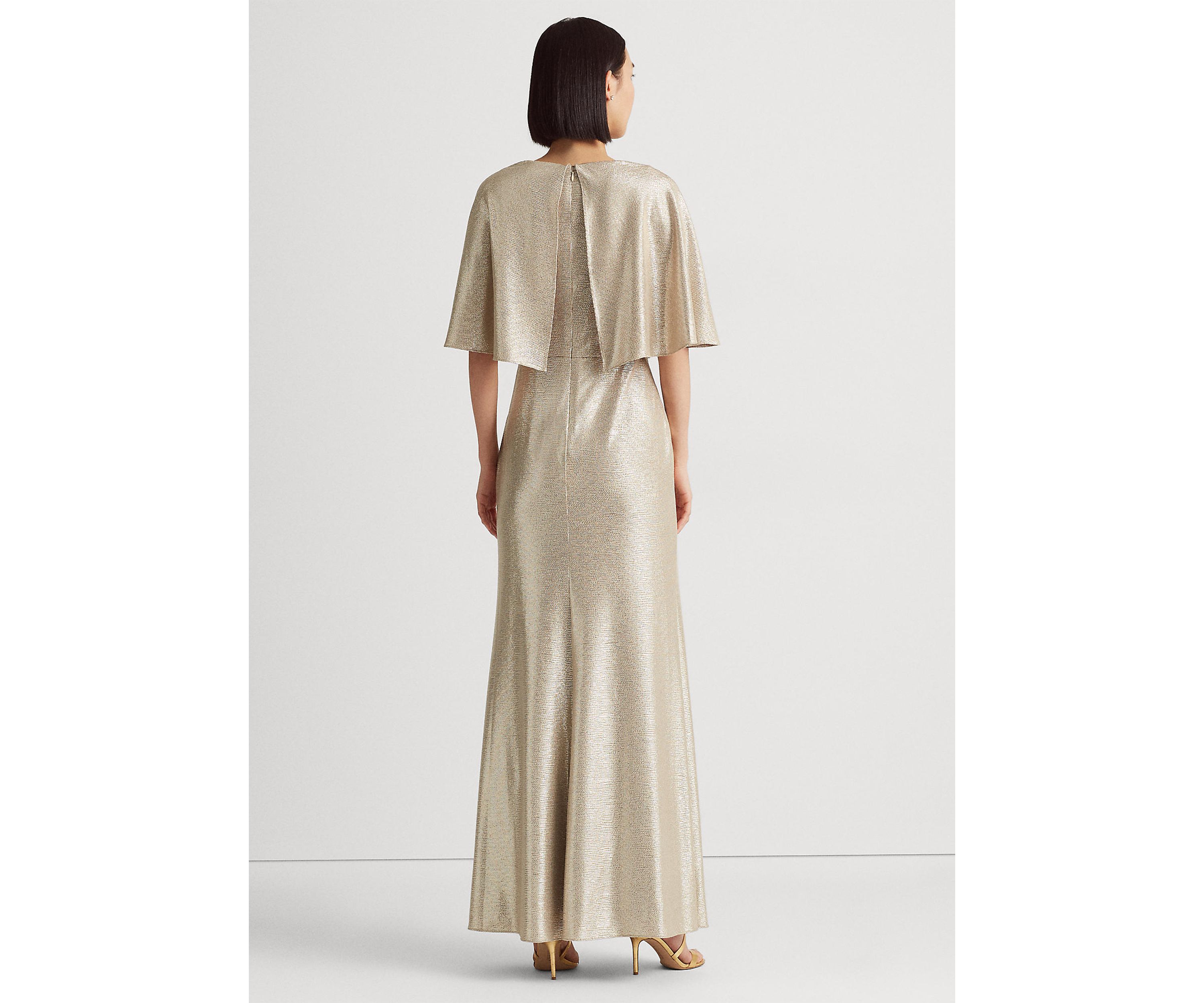 Foil-Print Jersey Cape Gown