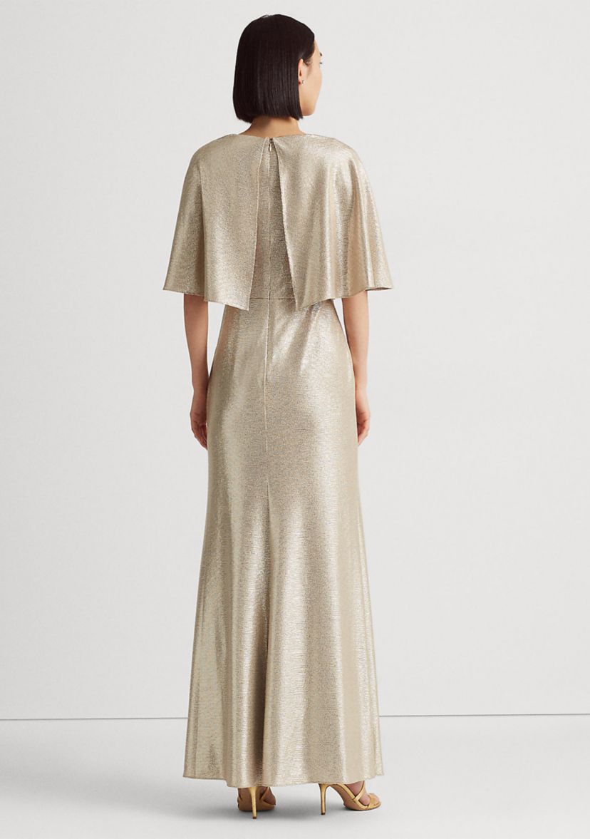 Foil-Print Jersey Cape Gown