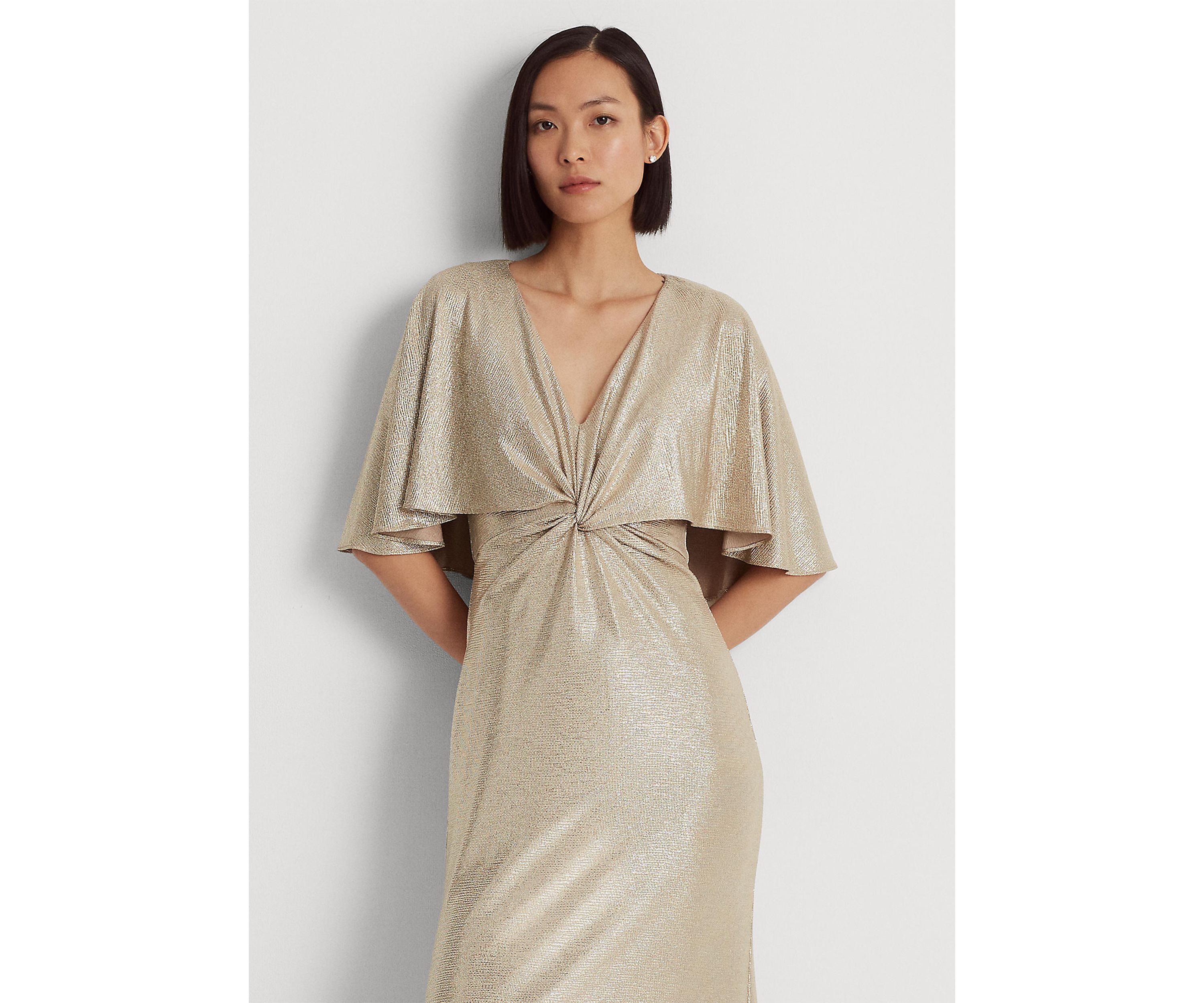 Foil-Print Jersey Cape Gown