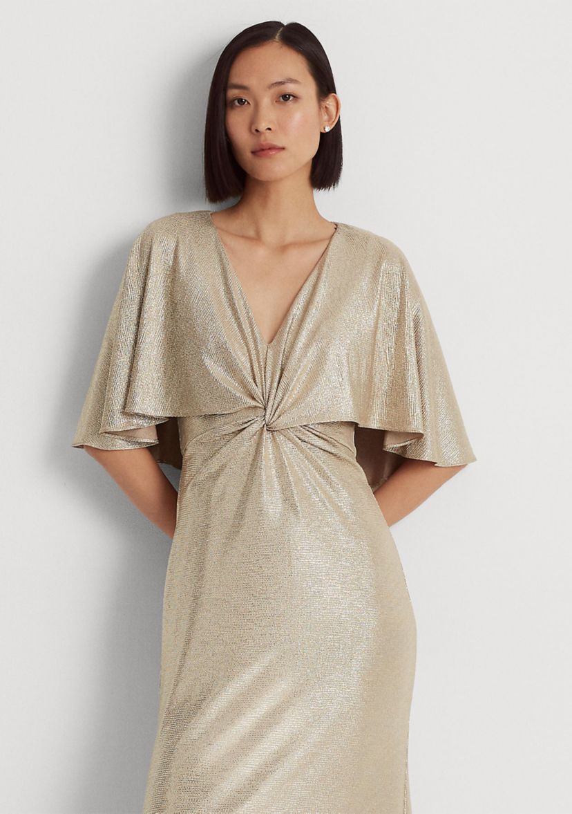 Foil-Print Jersey Cape Gown