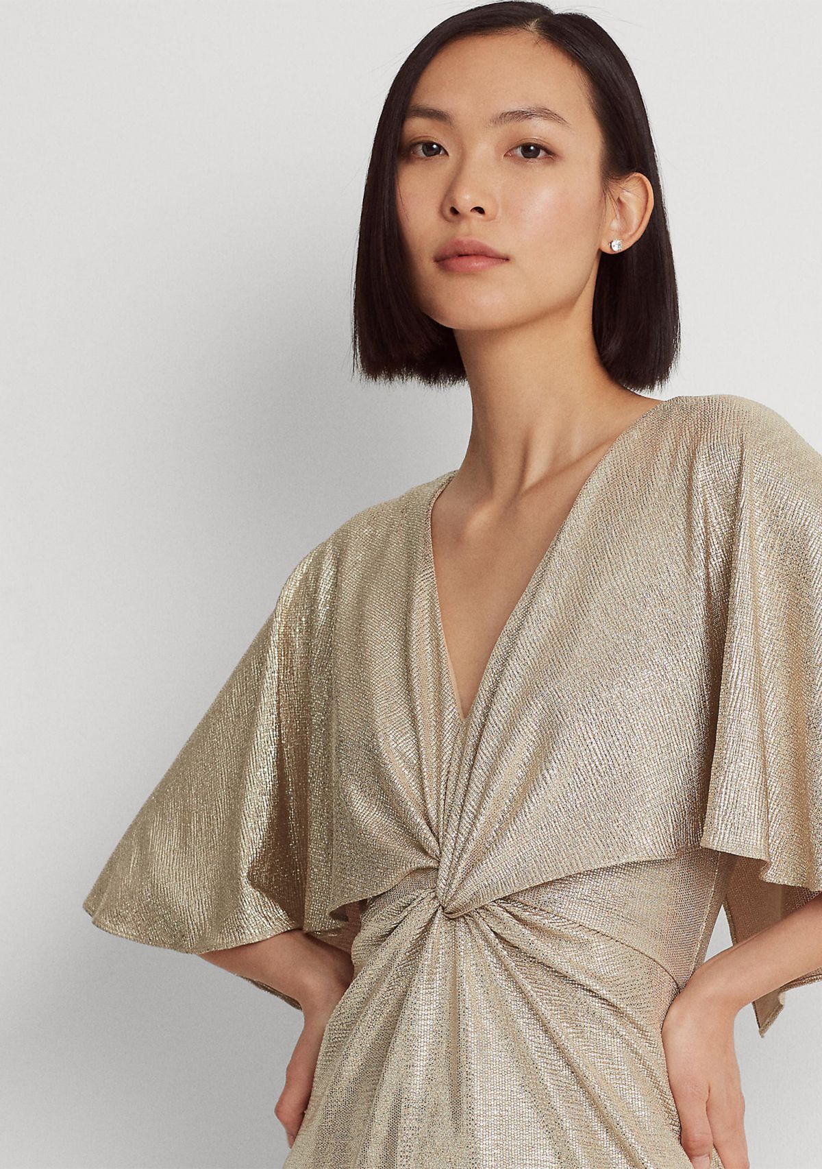 Foil-Print Jersey Cape Gown