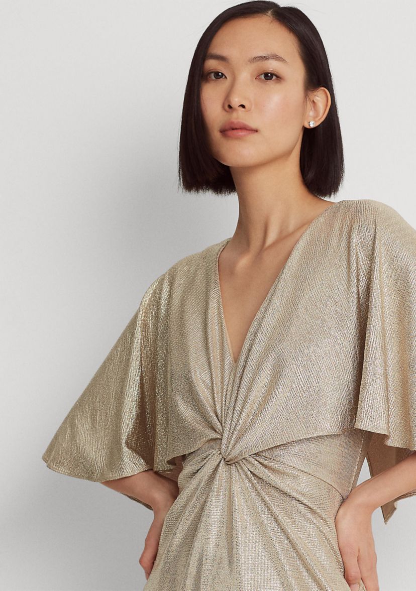 Foil-Print Jersey Cape Gown