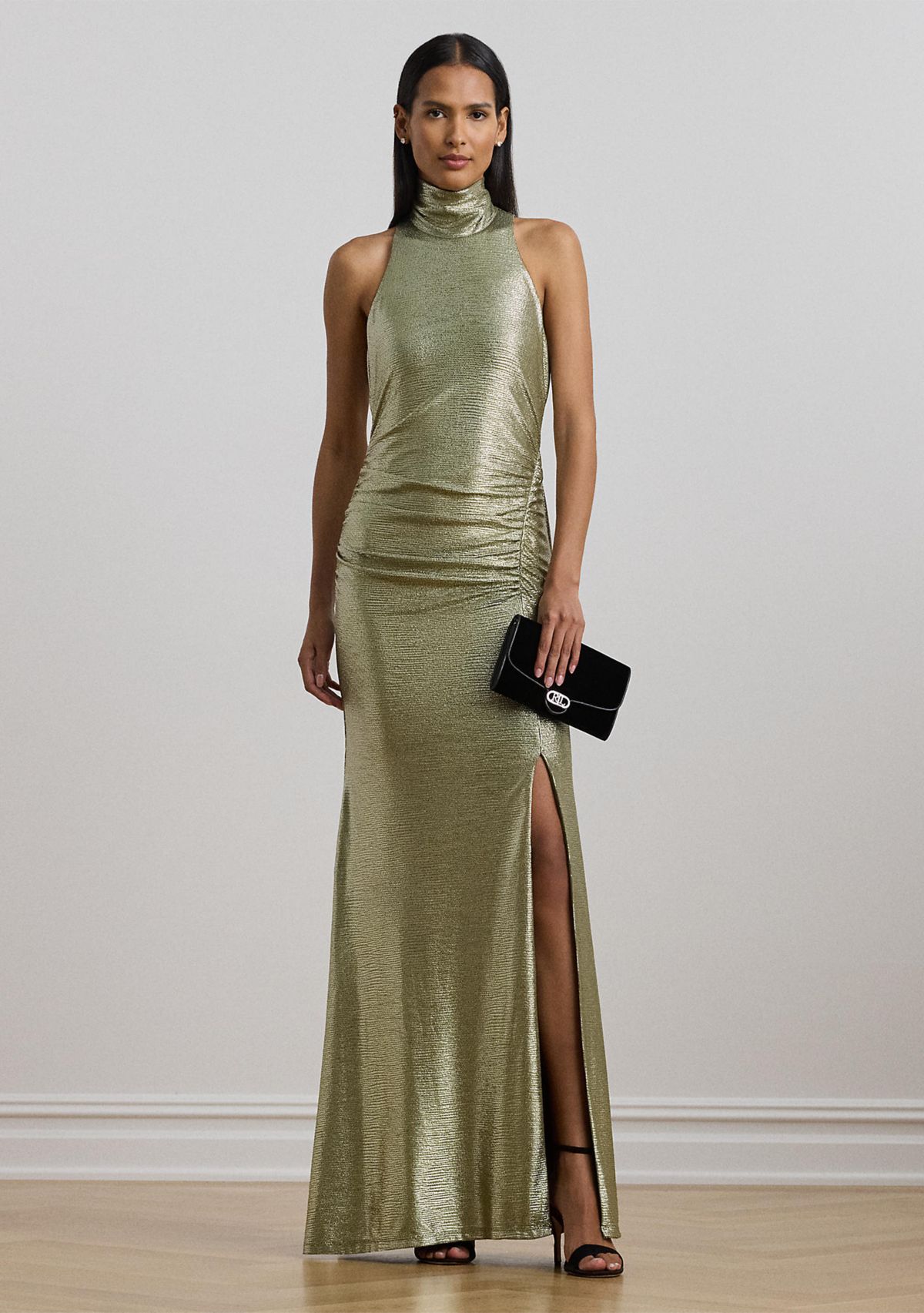Womens Metallic Sleeveless Turtleneck Gown