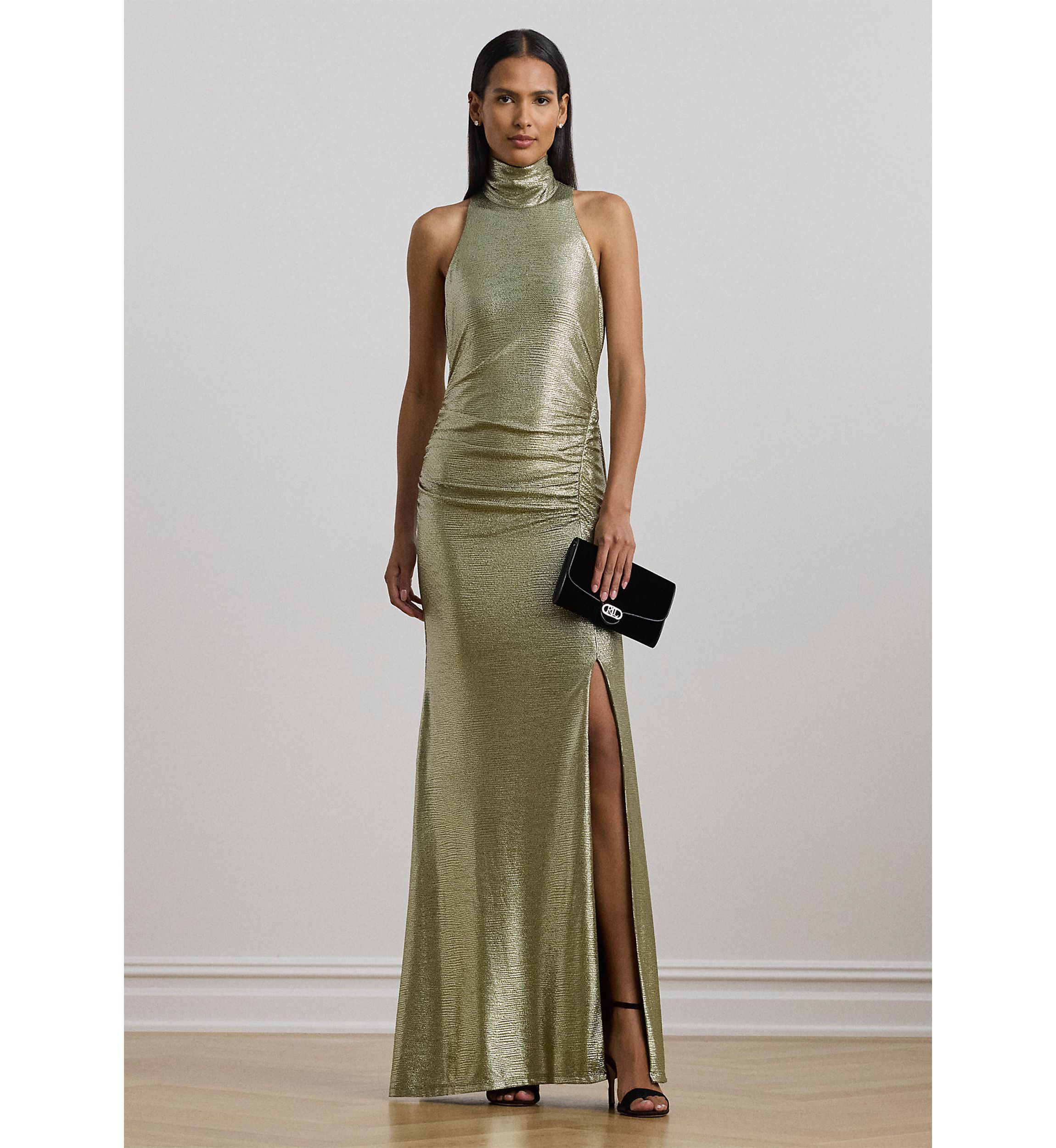 Womens Metallic Sleeveless Turtleneck Gown