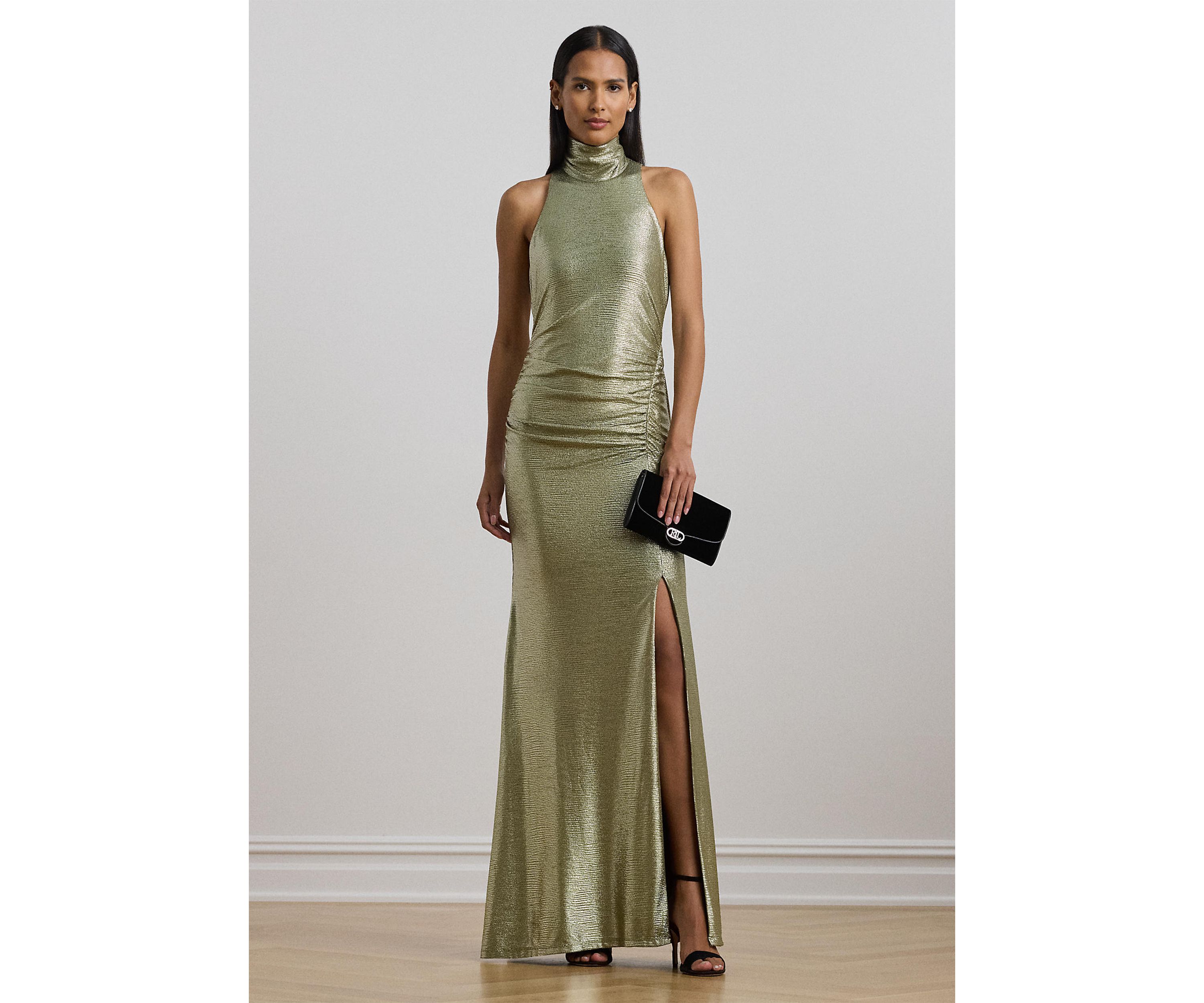 Womens Metallic Sleeveless Turtleneck Gown