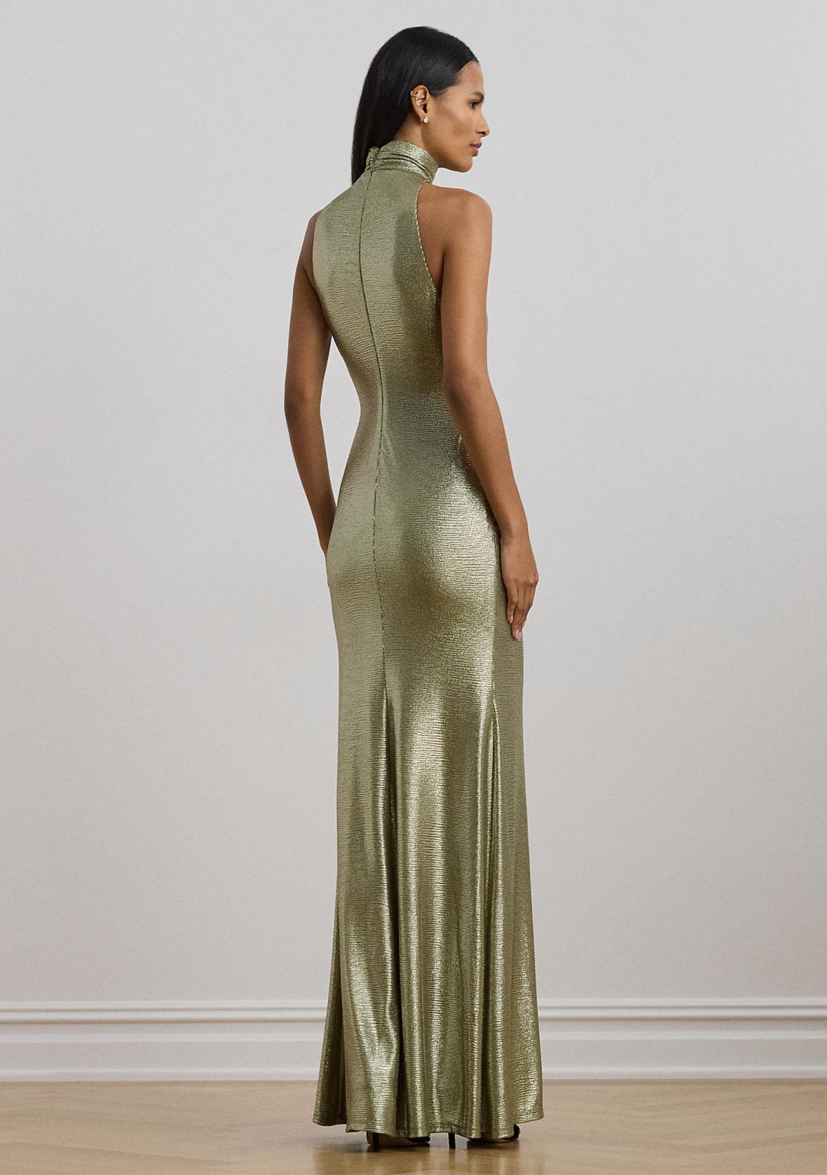 Womens Metallic Sleeveless Turtleneck Gown