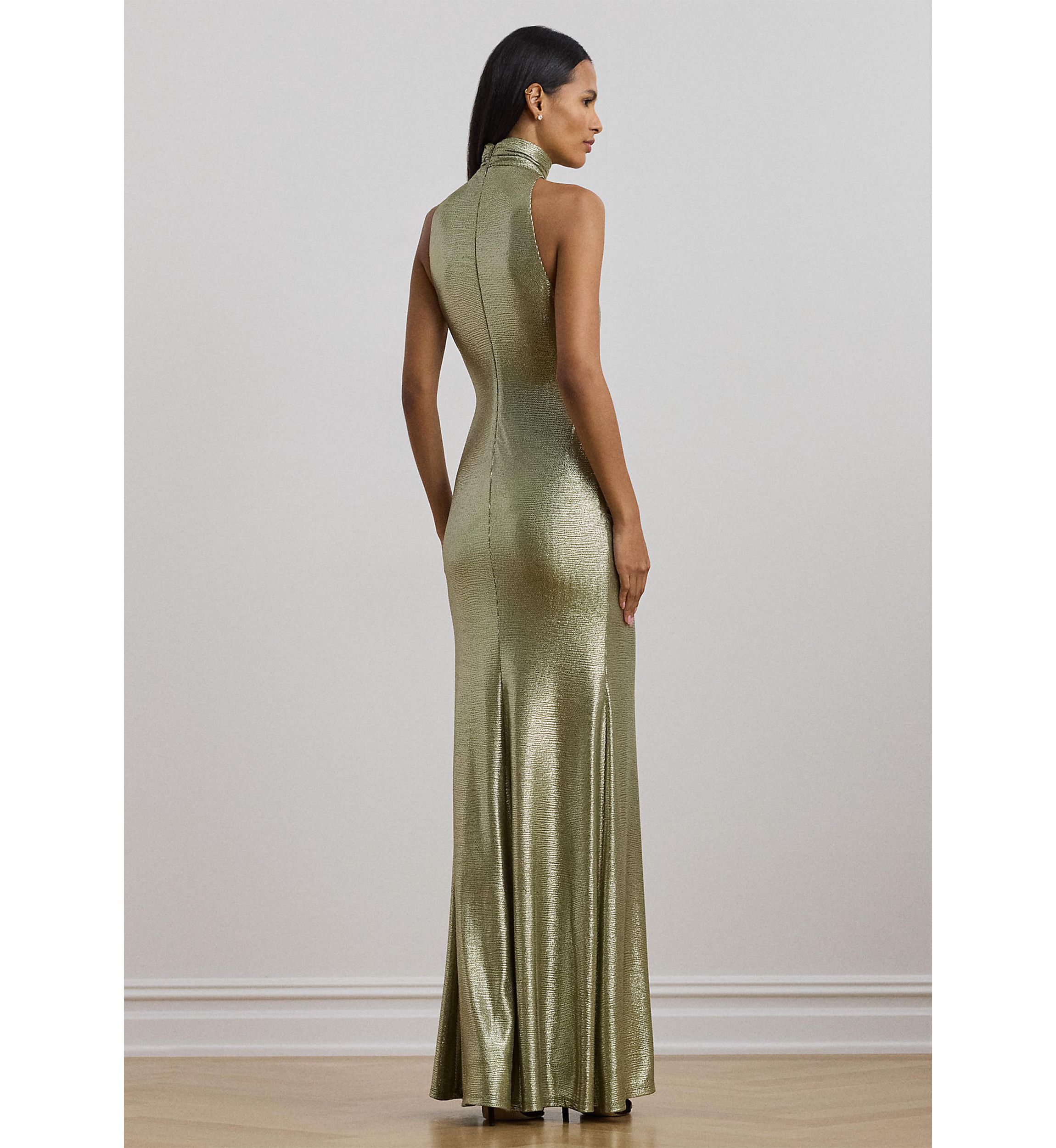 Womens Metallic Sleeveless Turtleneck Gown