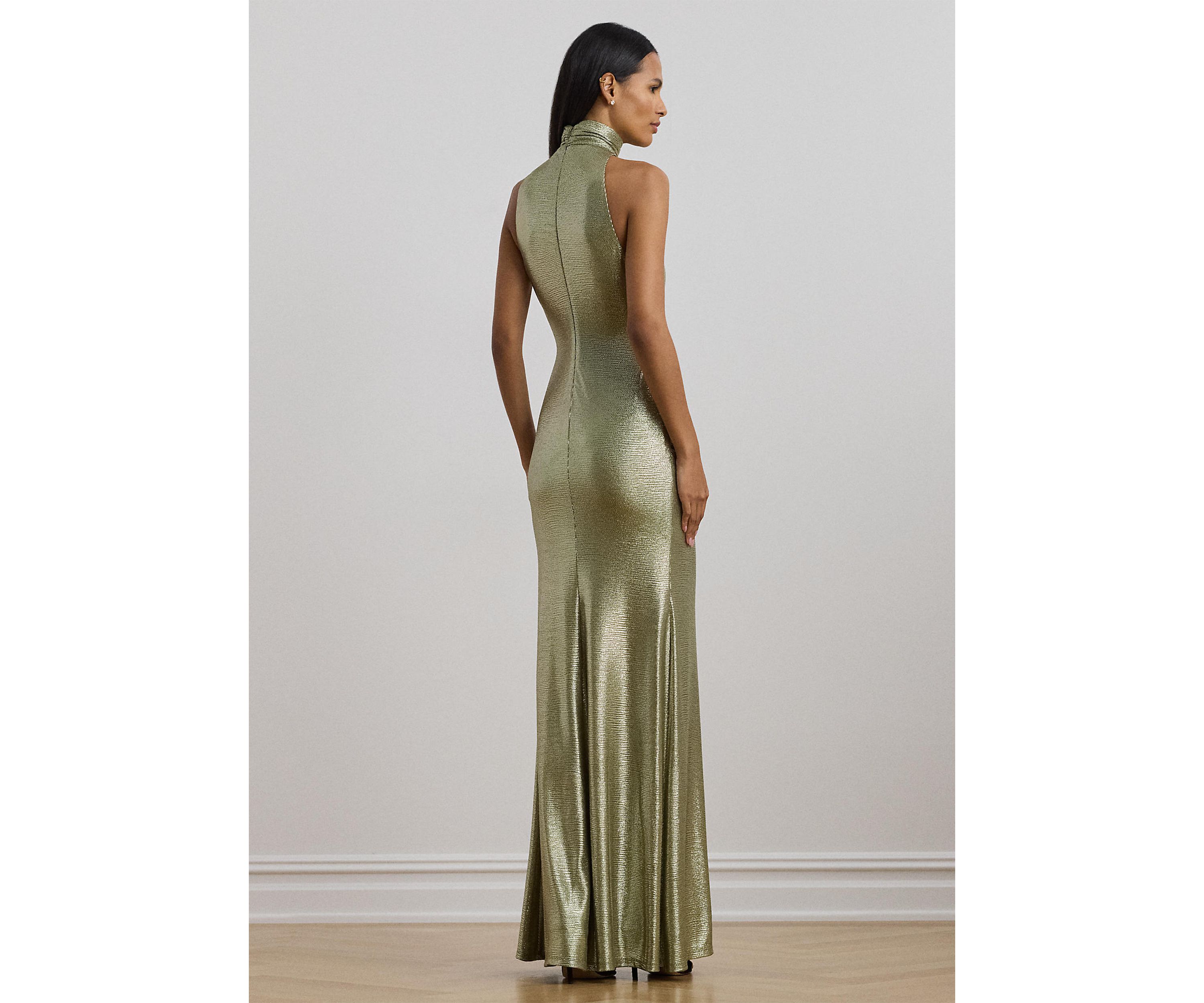 Womens Metallic Sleeveless Turtleneck Gown