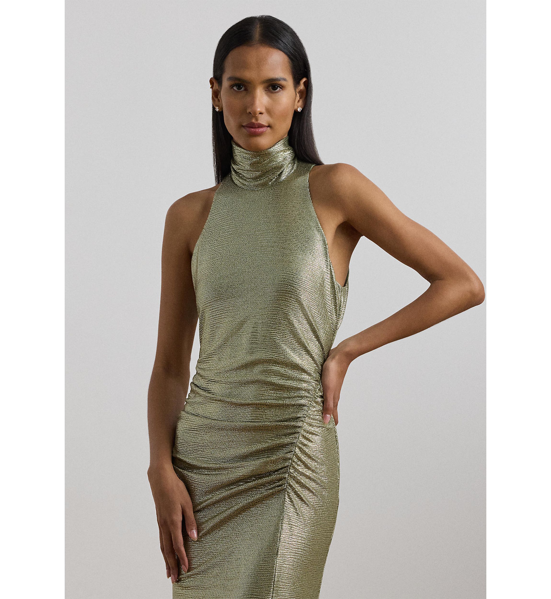 Womens Metallic Sleeveless Turtleneck Gown