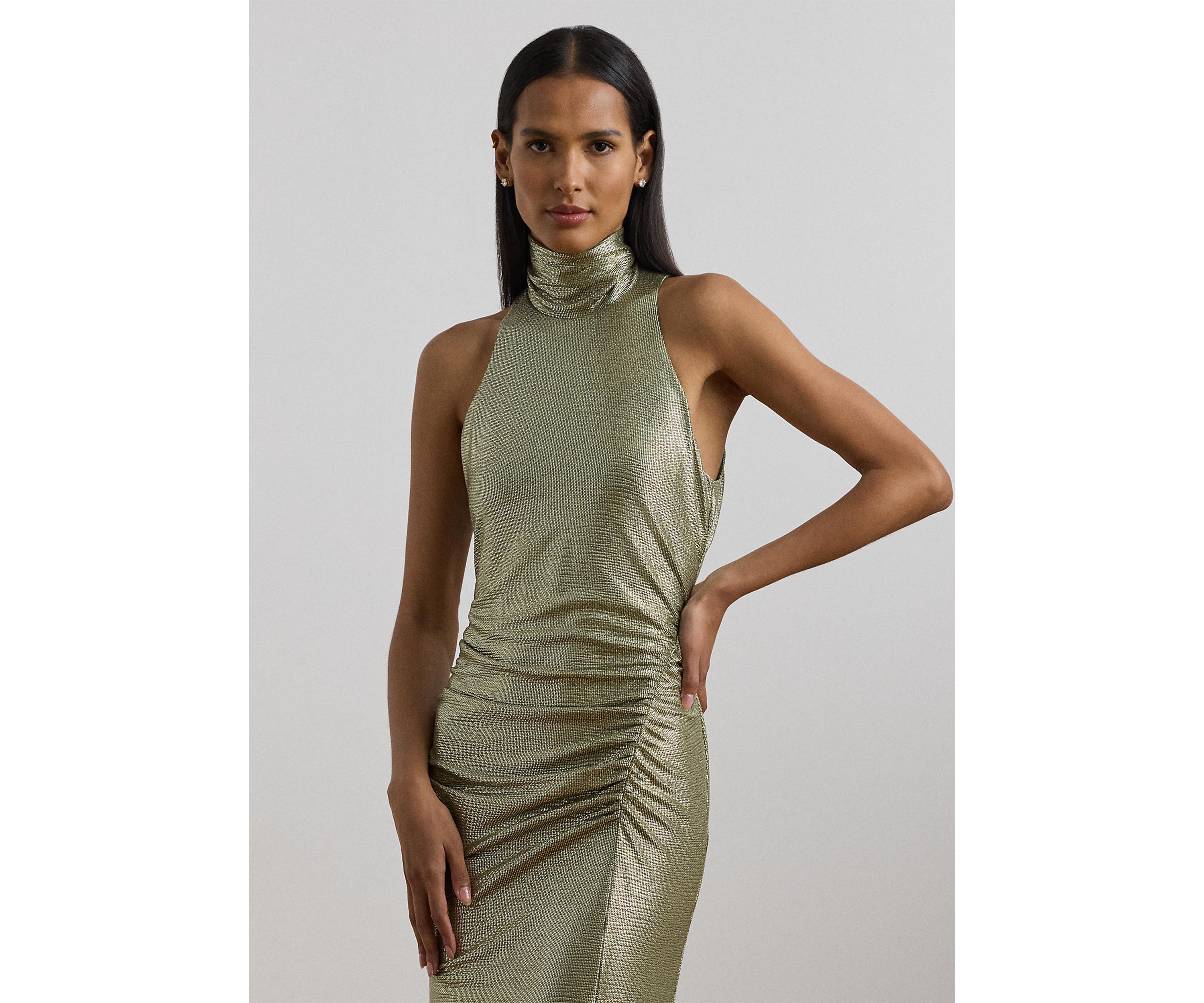 Womens Metallic Sleeveless Turtleneck Gown