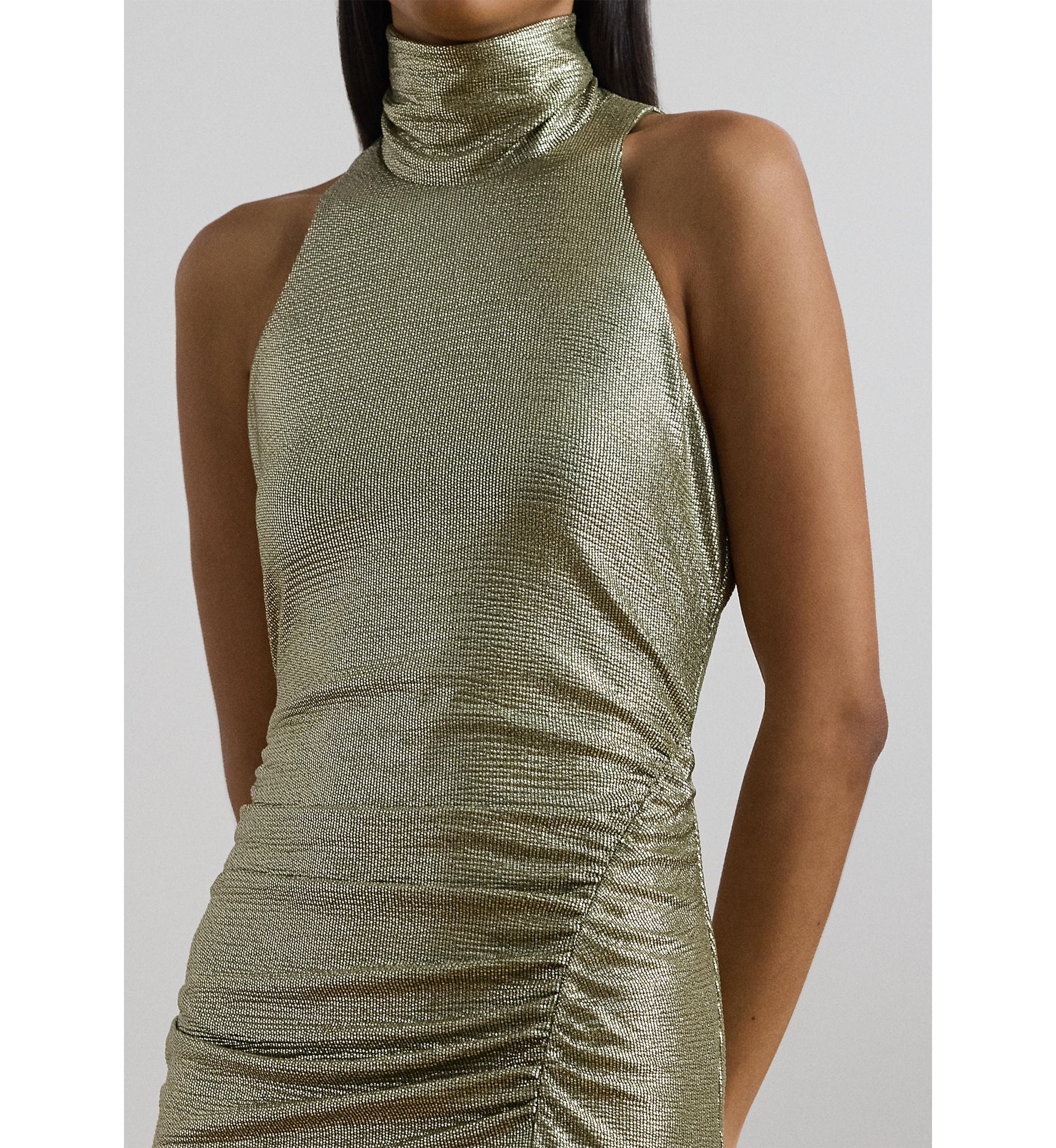 Womens Metallic Sleeveless Turtleneck Gown