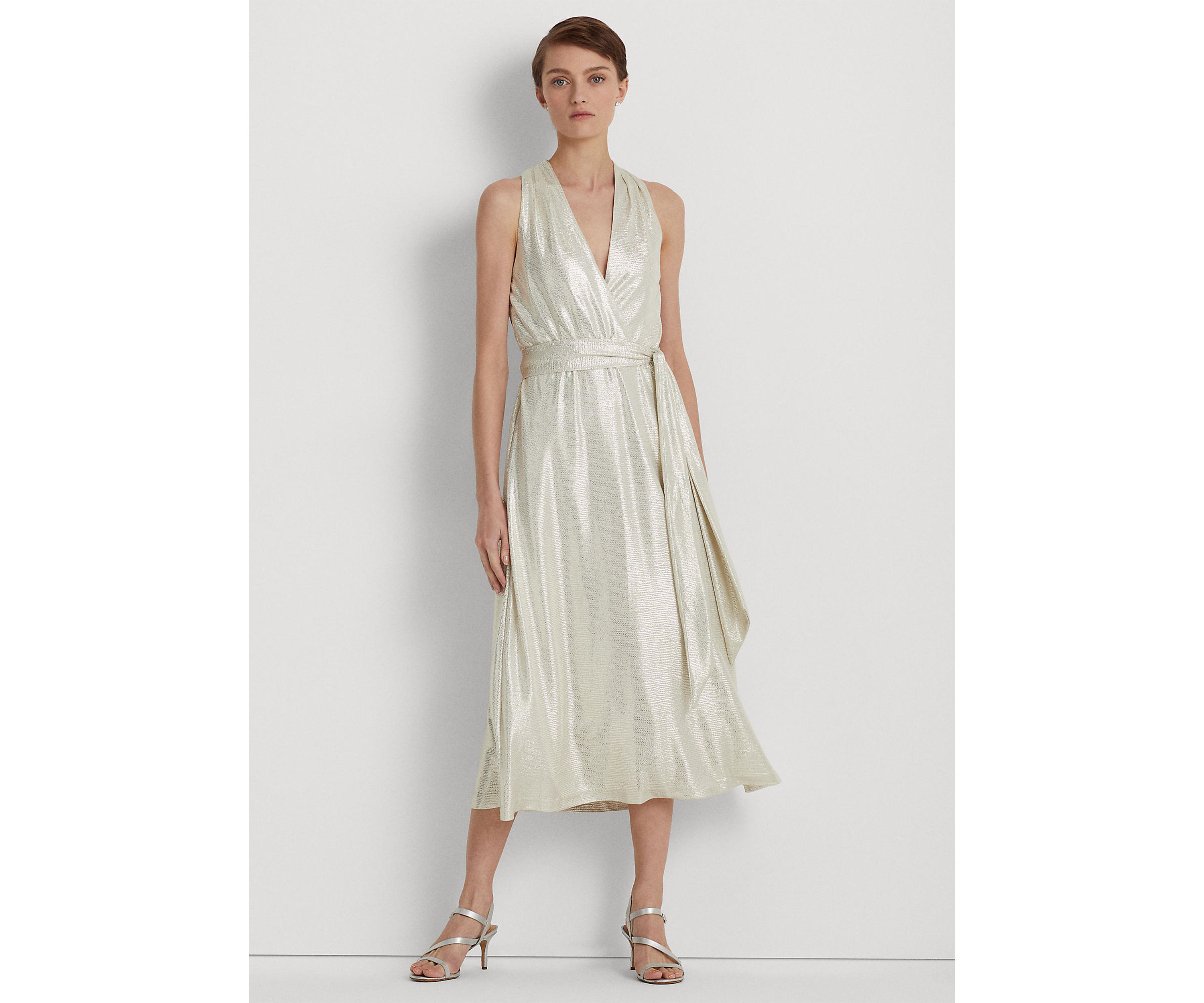 Metallic Jersey Halter Cocktail Dress