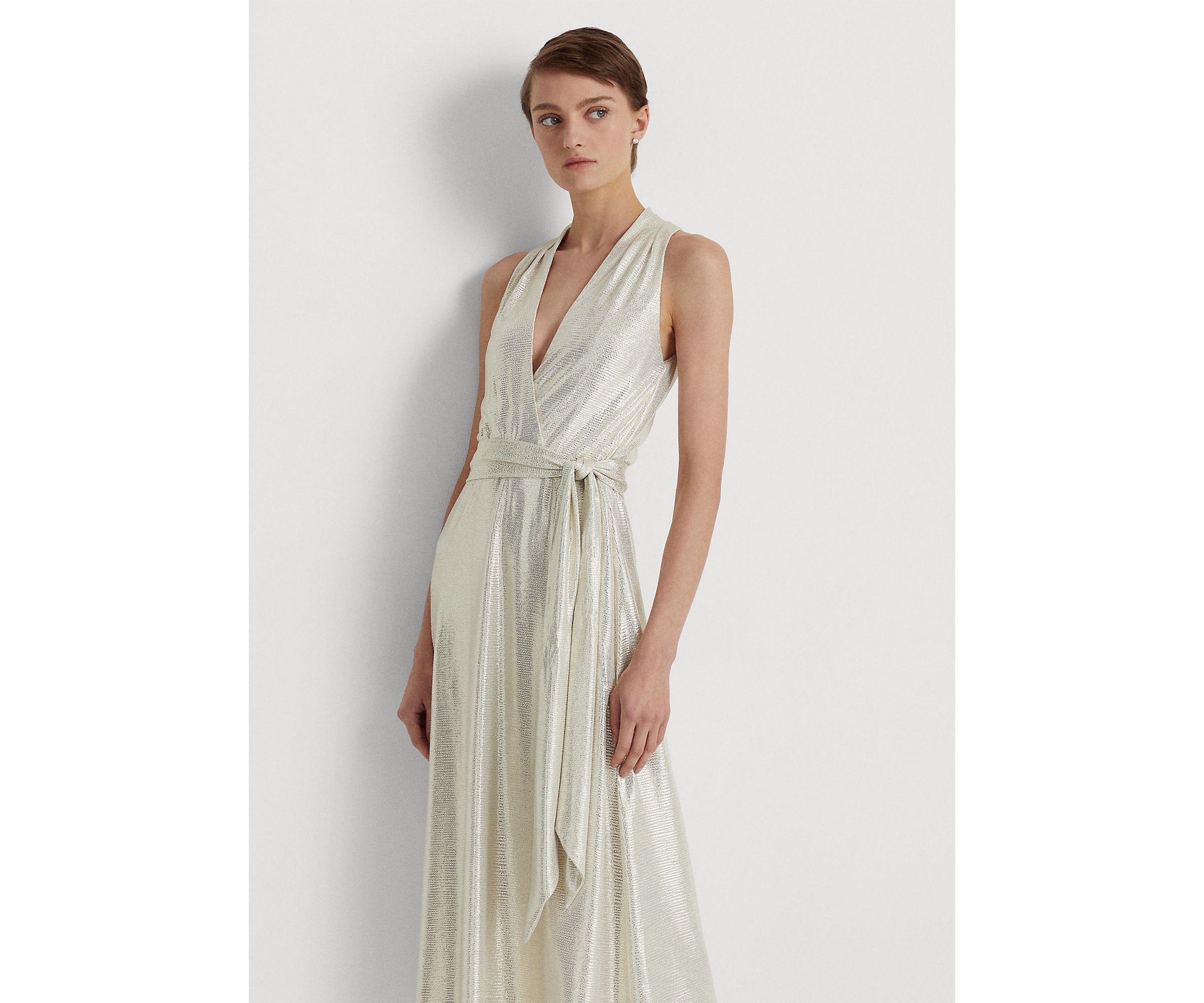 Metallic Jersey Halter Cocktail Dress