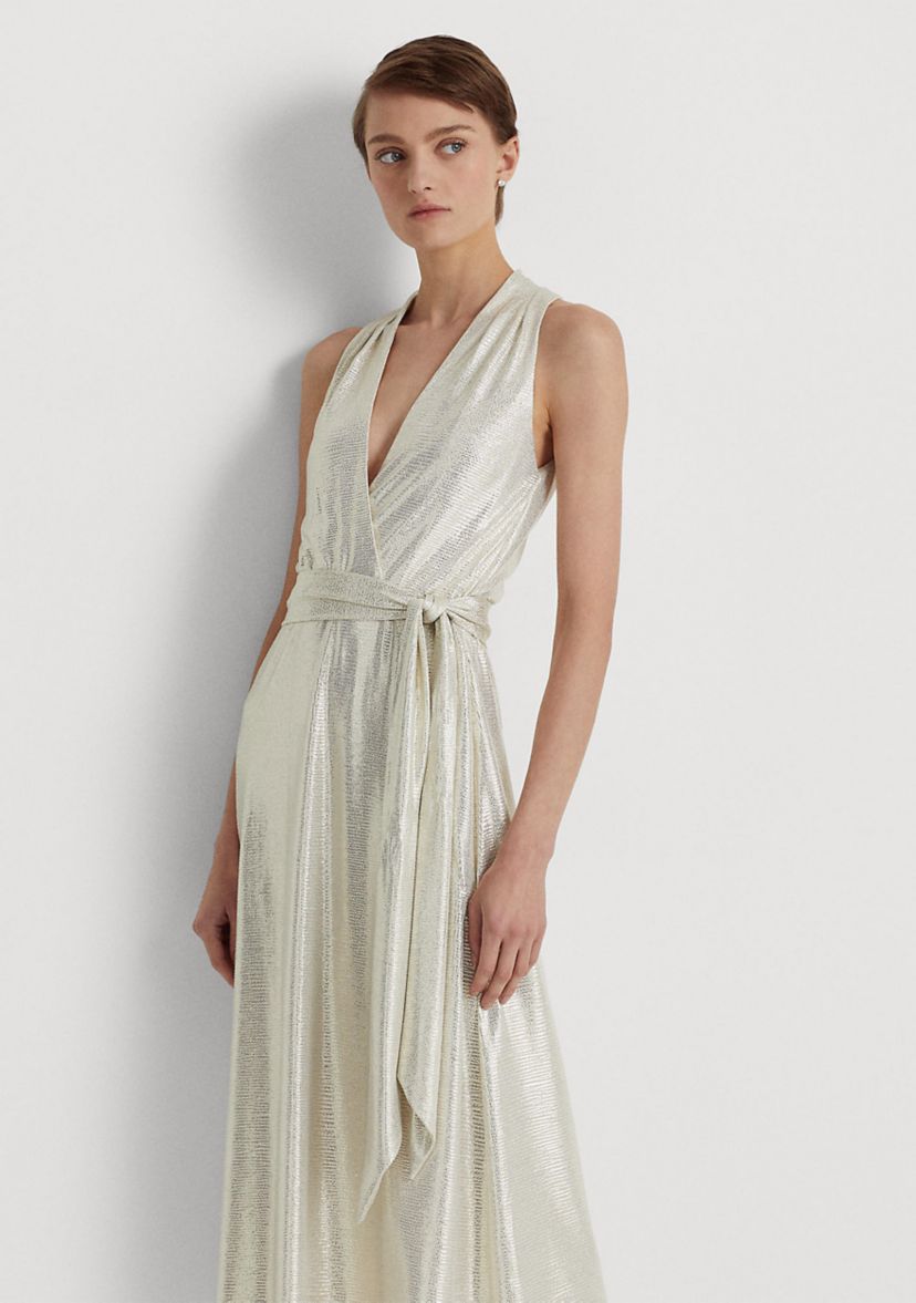 Metallic Jersey Halter Cocktail Dress