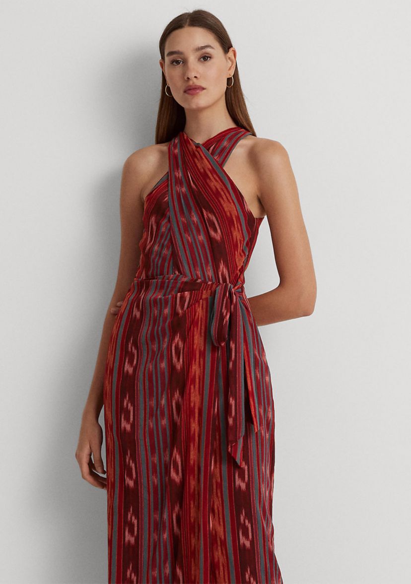 Geo-Striped Georgette Halter Gown