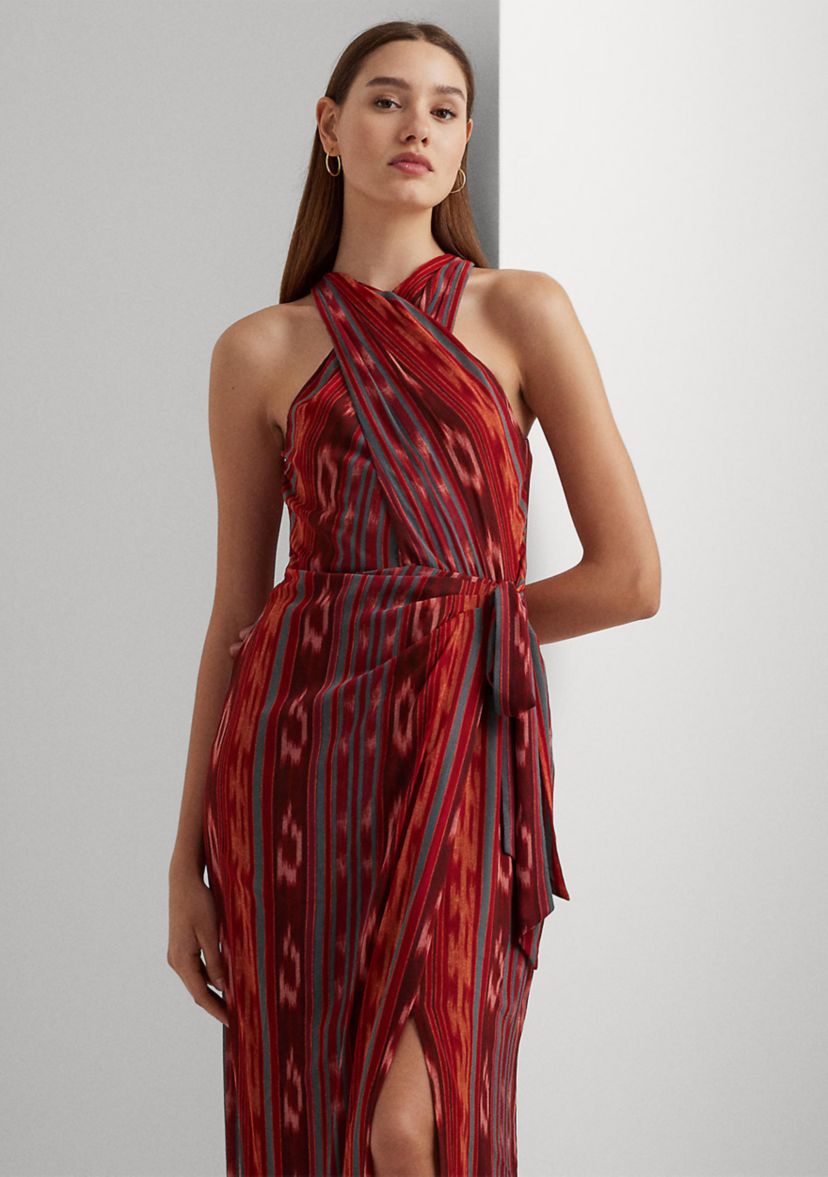 Geo-Striped Georgette Halter Gown