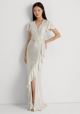 Lauren Ralph Lauren Women's Belted Metallic Knit Flutter Sleeve Gown