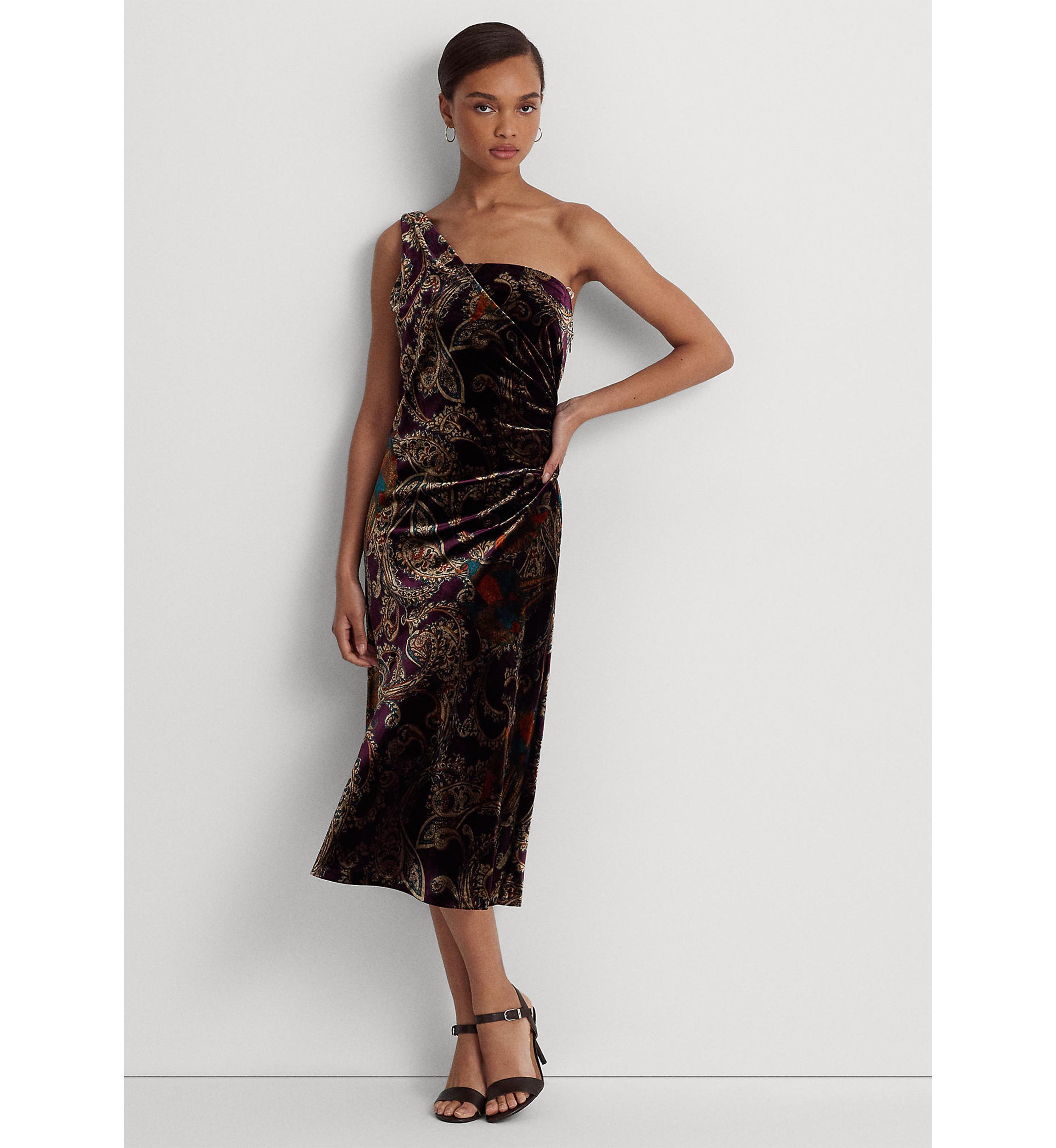 Print Velvet One-Shoulder Cocktail Dress
