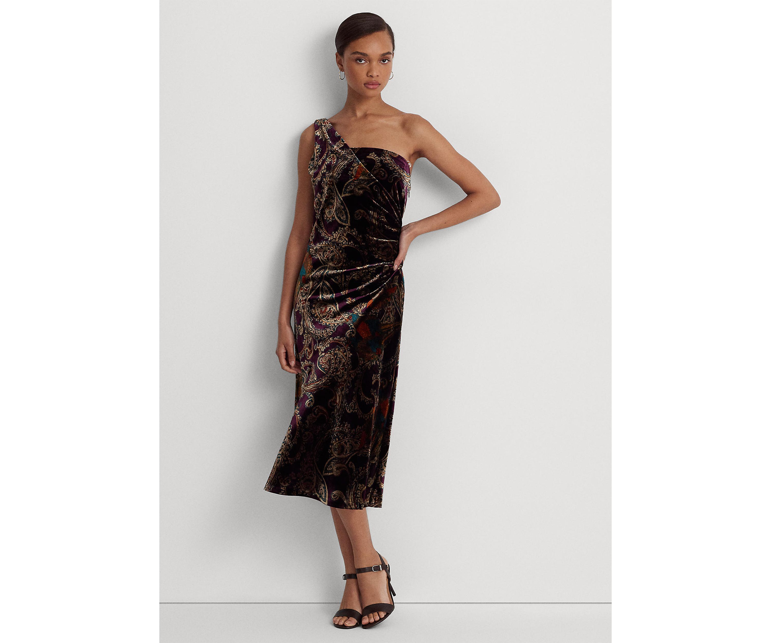 Print Velvet One-Shoulder Cocktail Dress