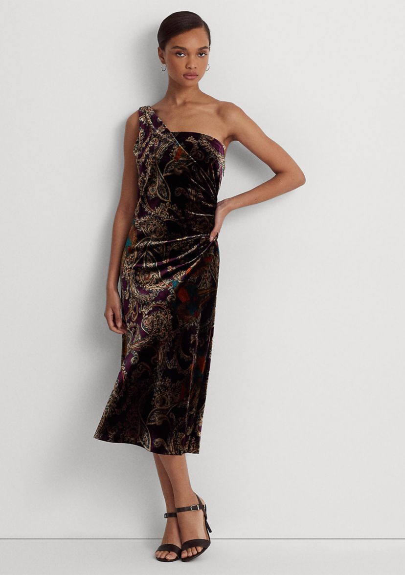 Print Velvet One-Shoulder Cocktail Dress
