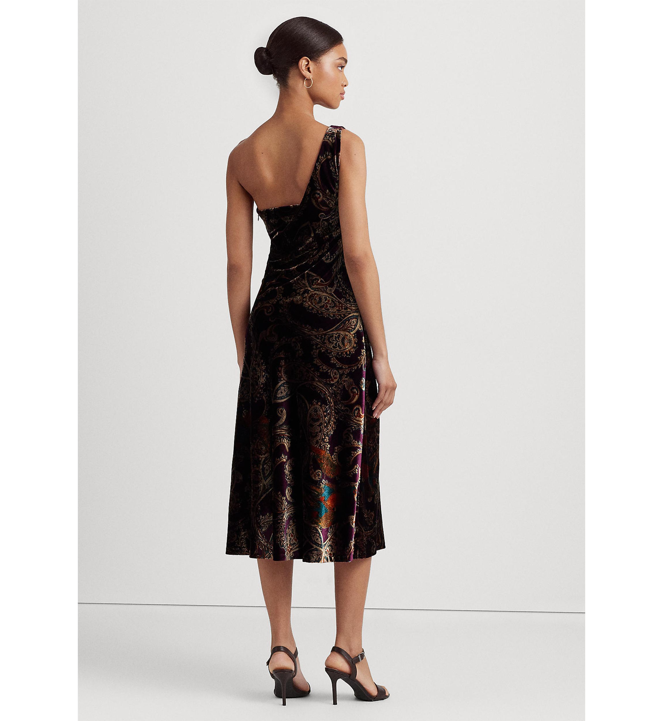 Print Velvet One-Shoulder Cocktail Dress