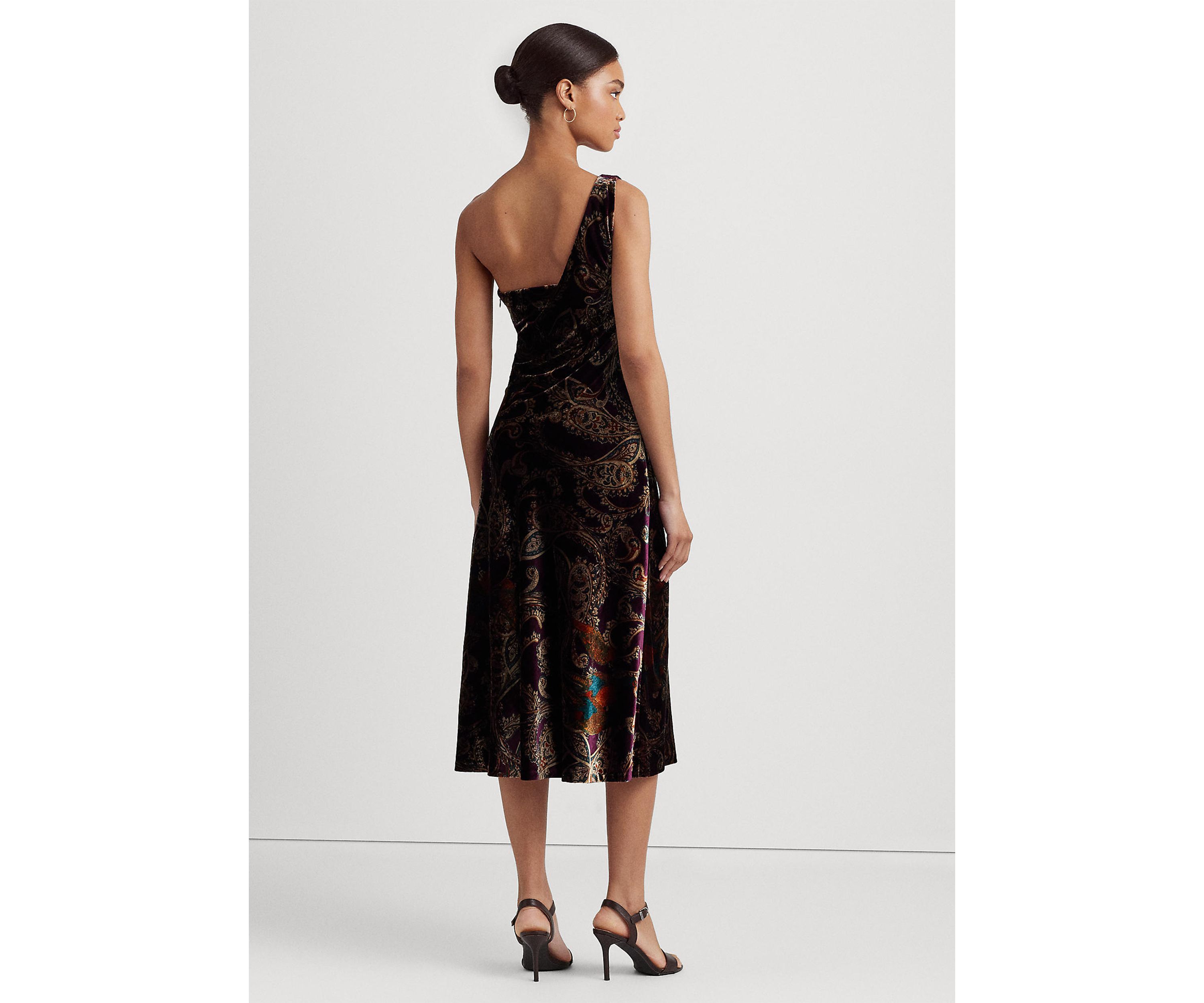 Print Velvet One-Shoulder Cocktail Dress