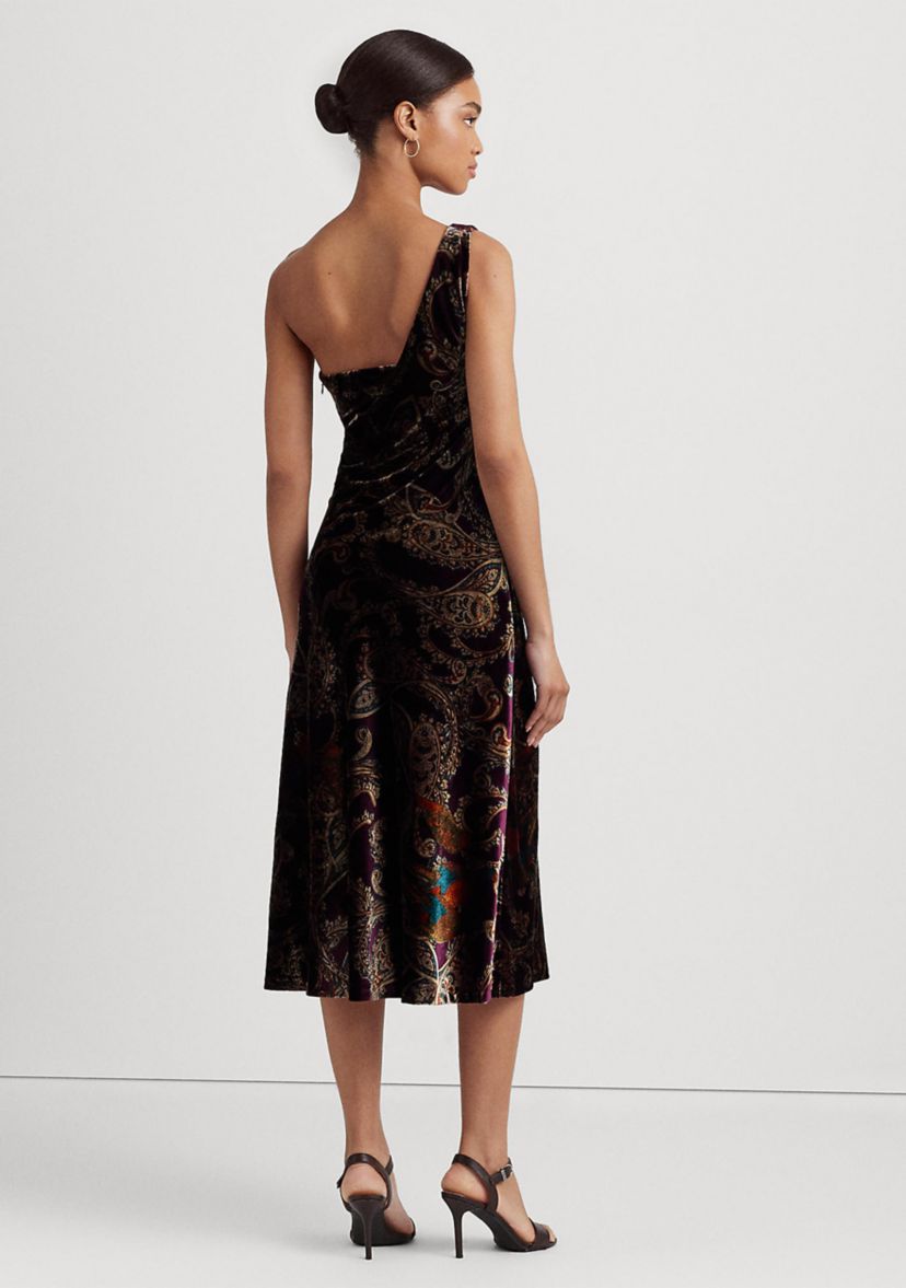 Print Velvet One-Shoulder Cocktail Dress