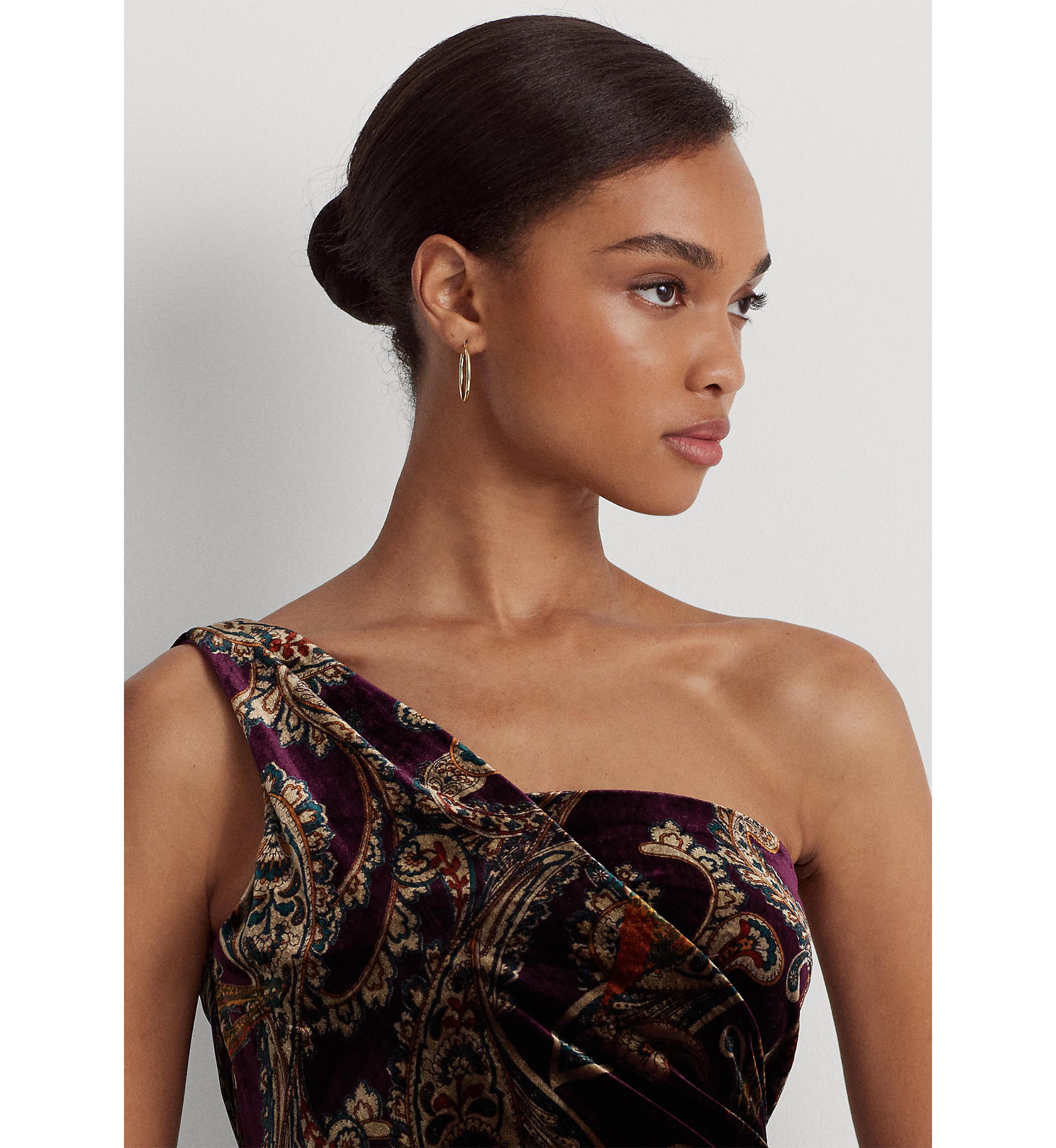 Print Velvet One-Shoulder Cocktail Dress