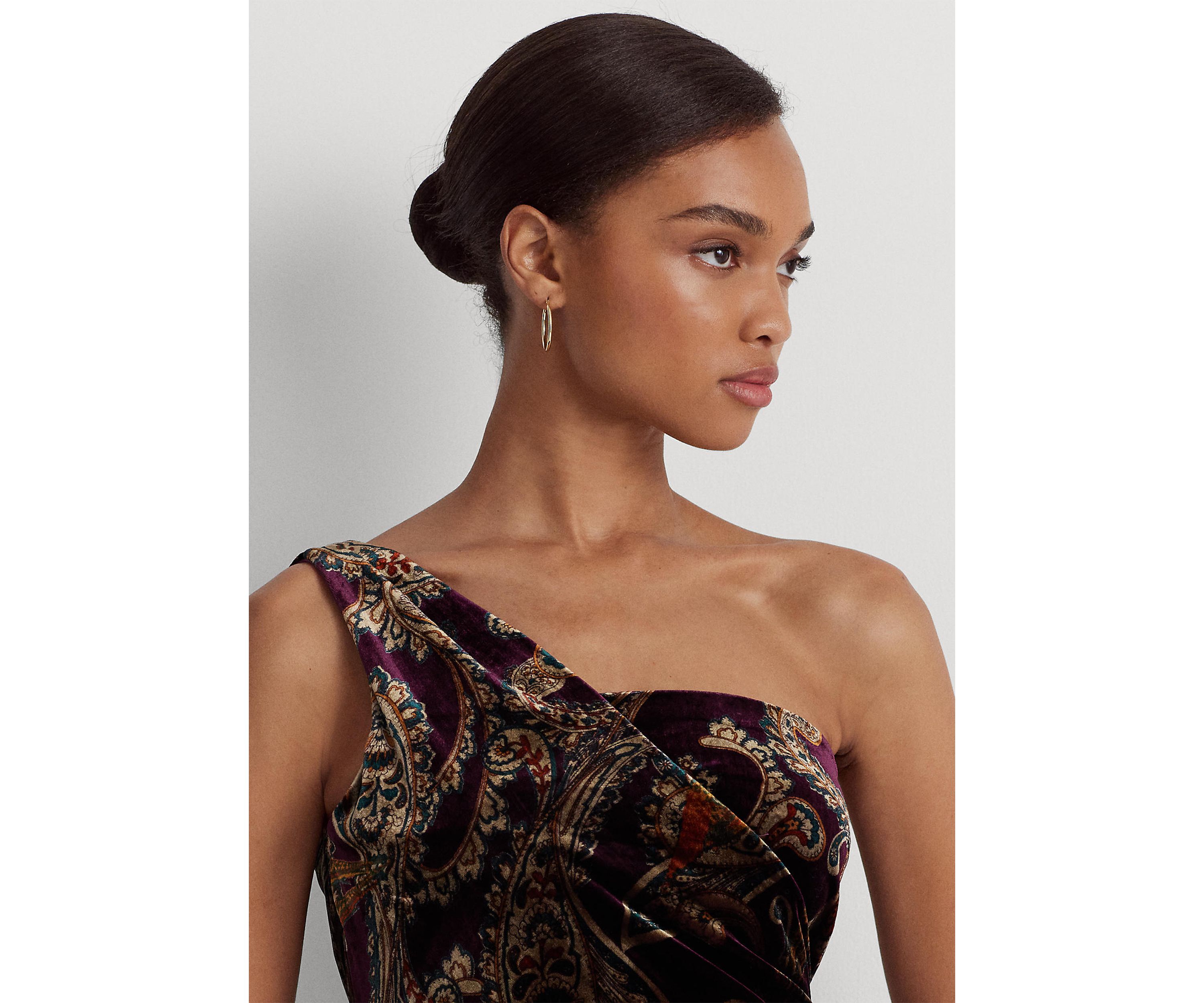 Print Velvet One-Shoulder Cocktail Dress
